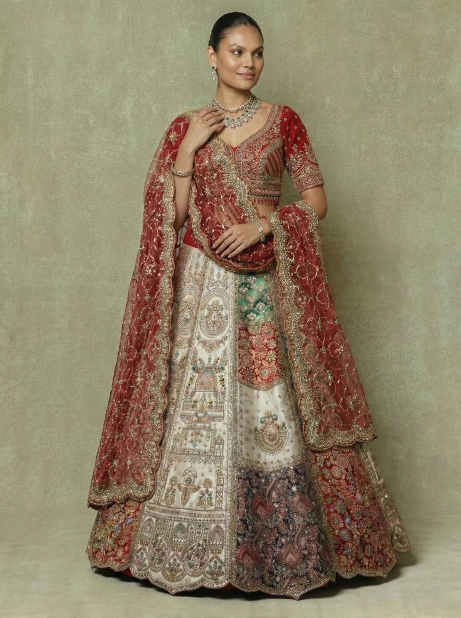 Ivory Cream Silk Mirror Sequins Bridal Lehenga Choli Set