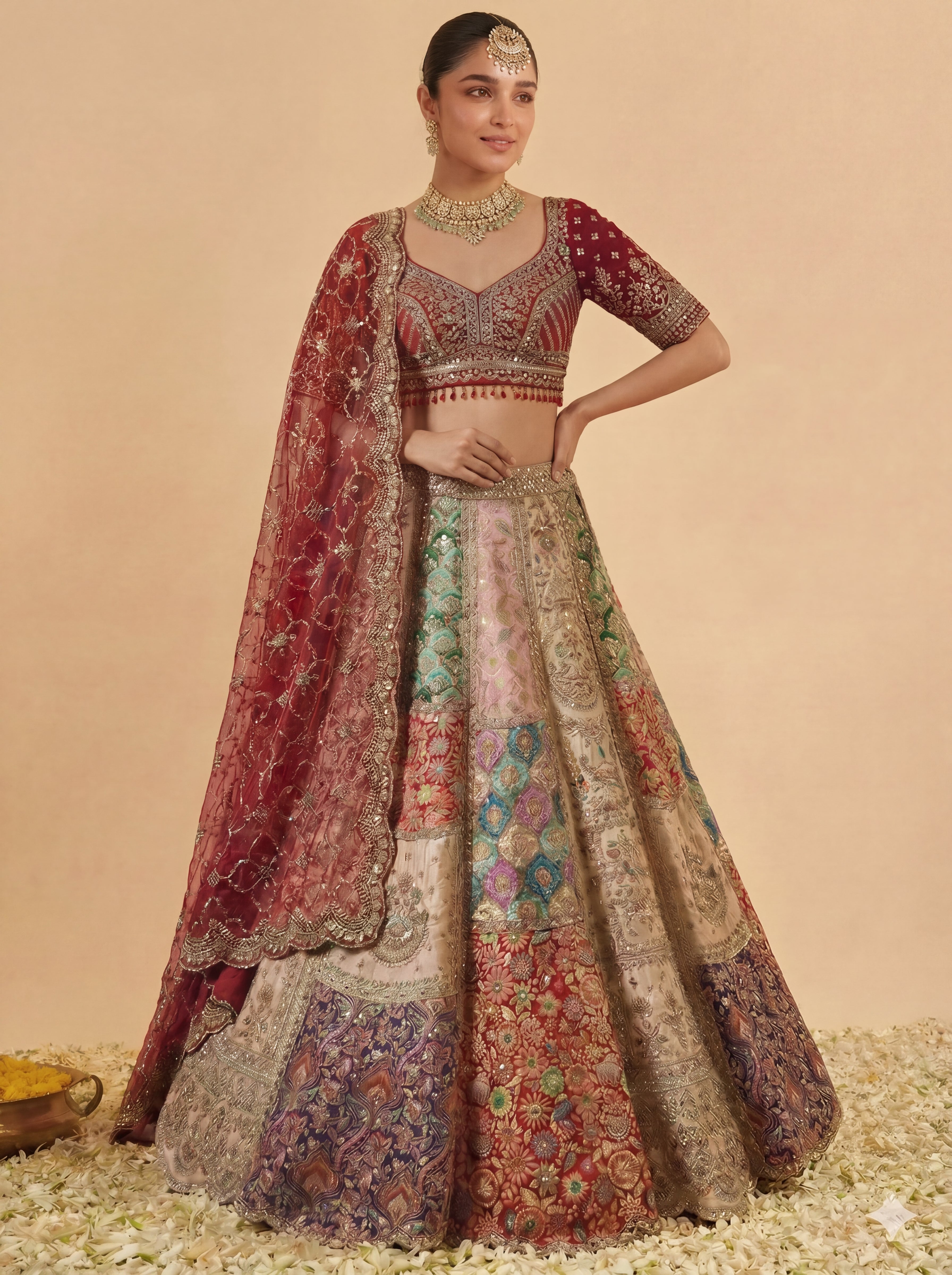 Multicolored Silk Viscose Mirror Sequins Bridal Lehenga Choli Set