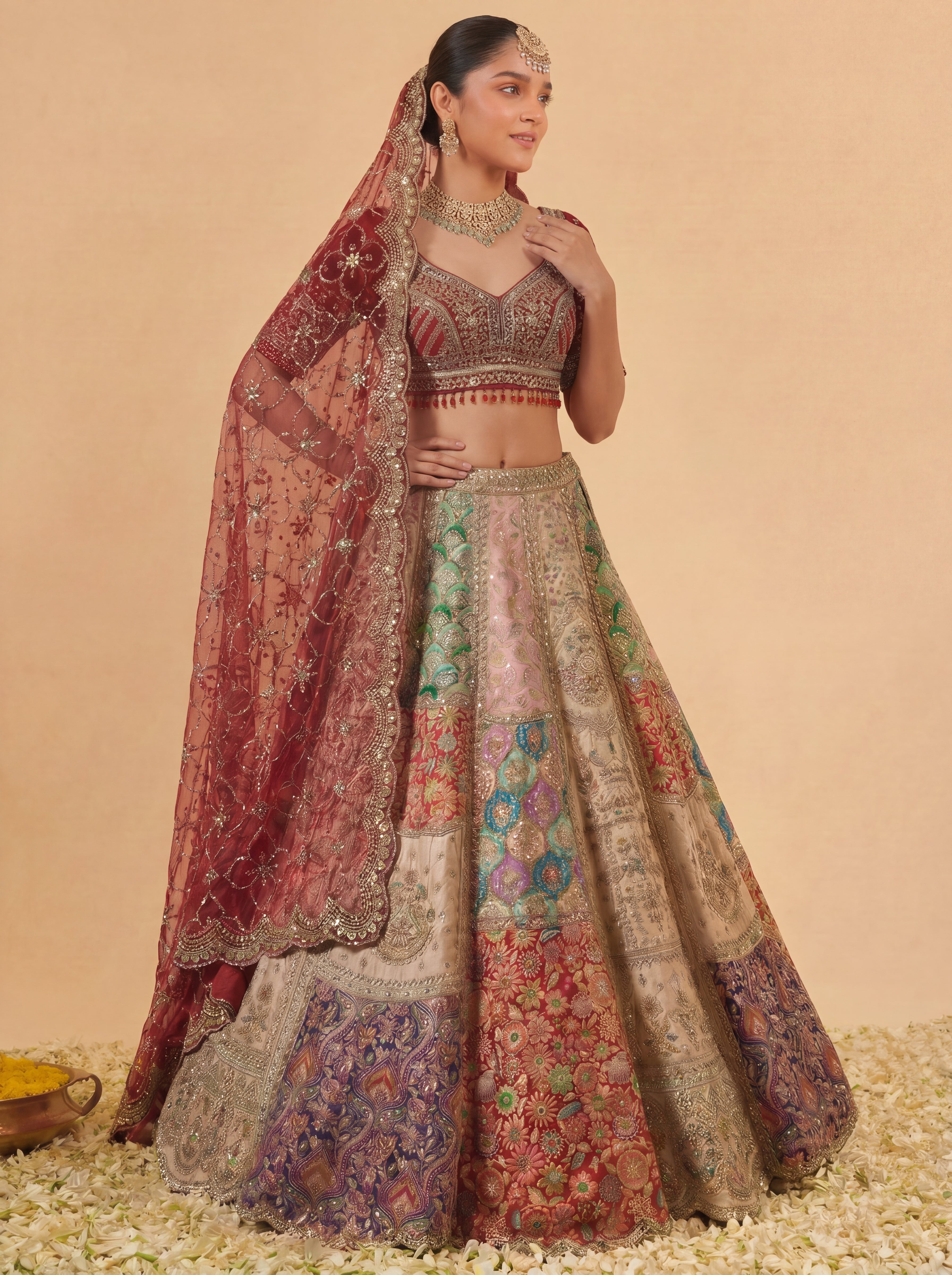 Multicolored Silk Viscose Mirror Sequins Bridal Lehenga Choli Set