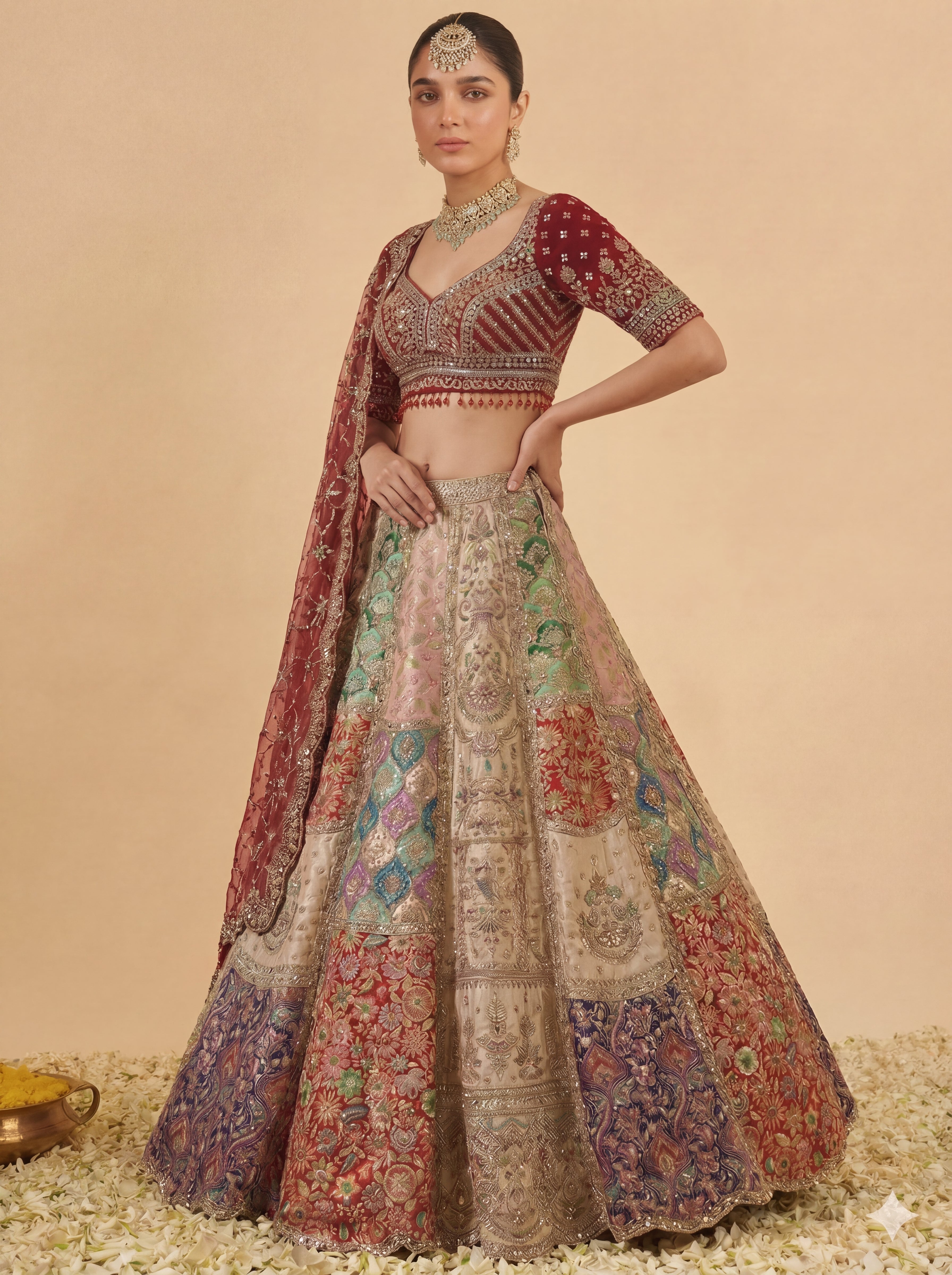 Multicolored Silk Viscose Mirror Sequins Bridal Lehenga Choli Set