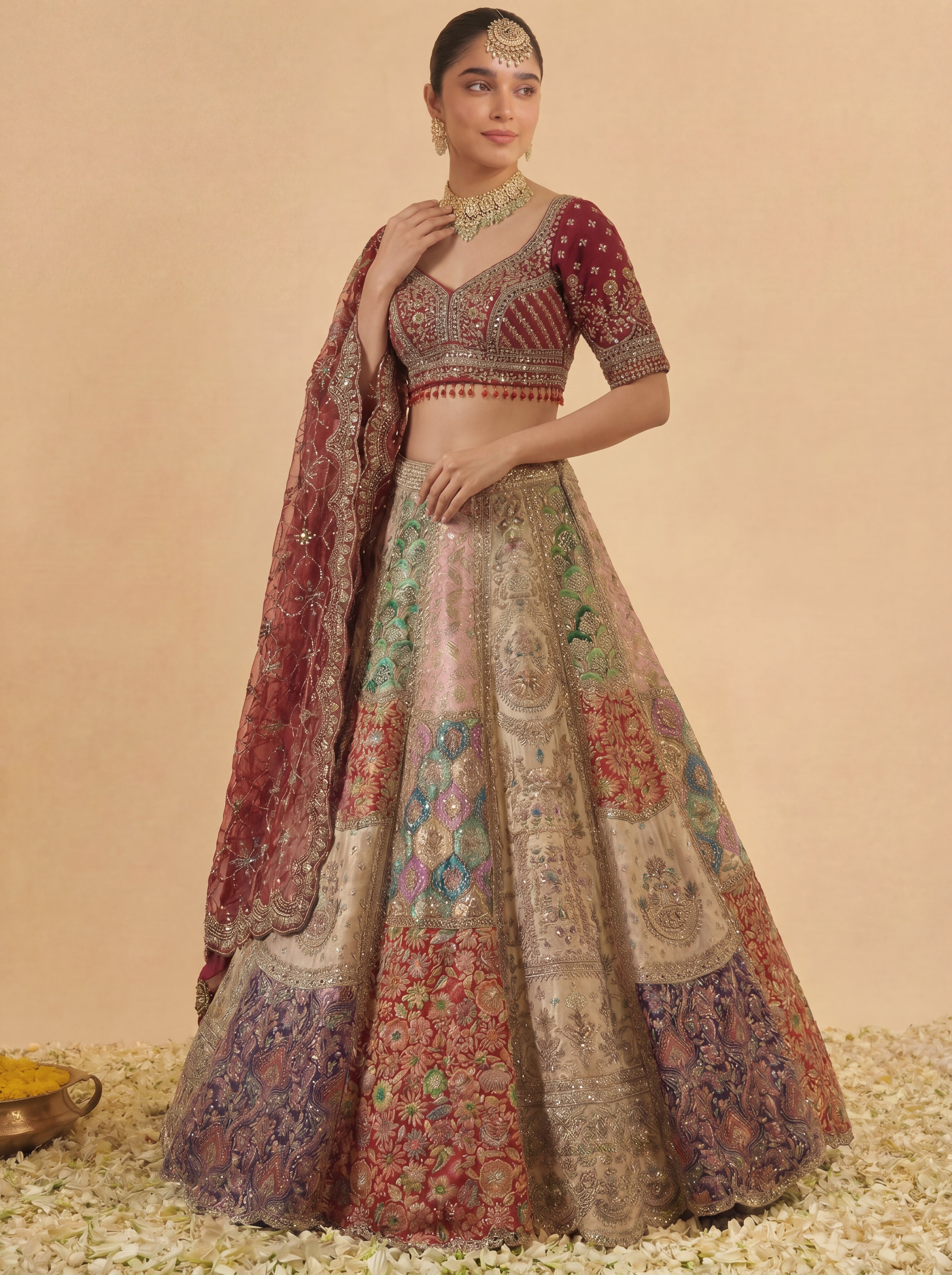 Multicolored Silk Viscose Mirror Sequins Bridal Lehenga Choli Set