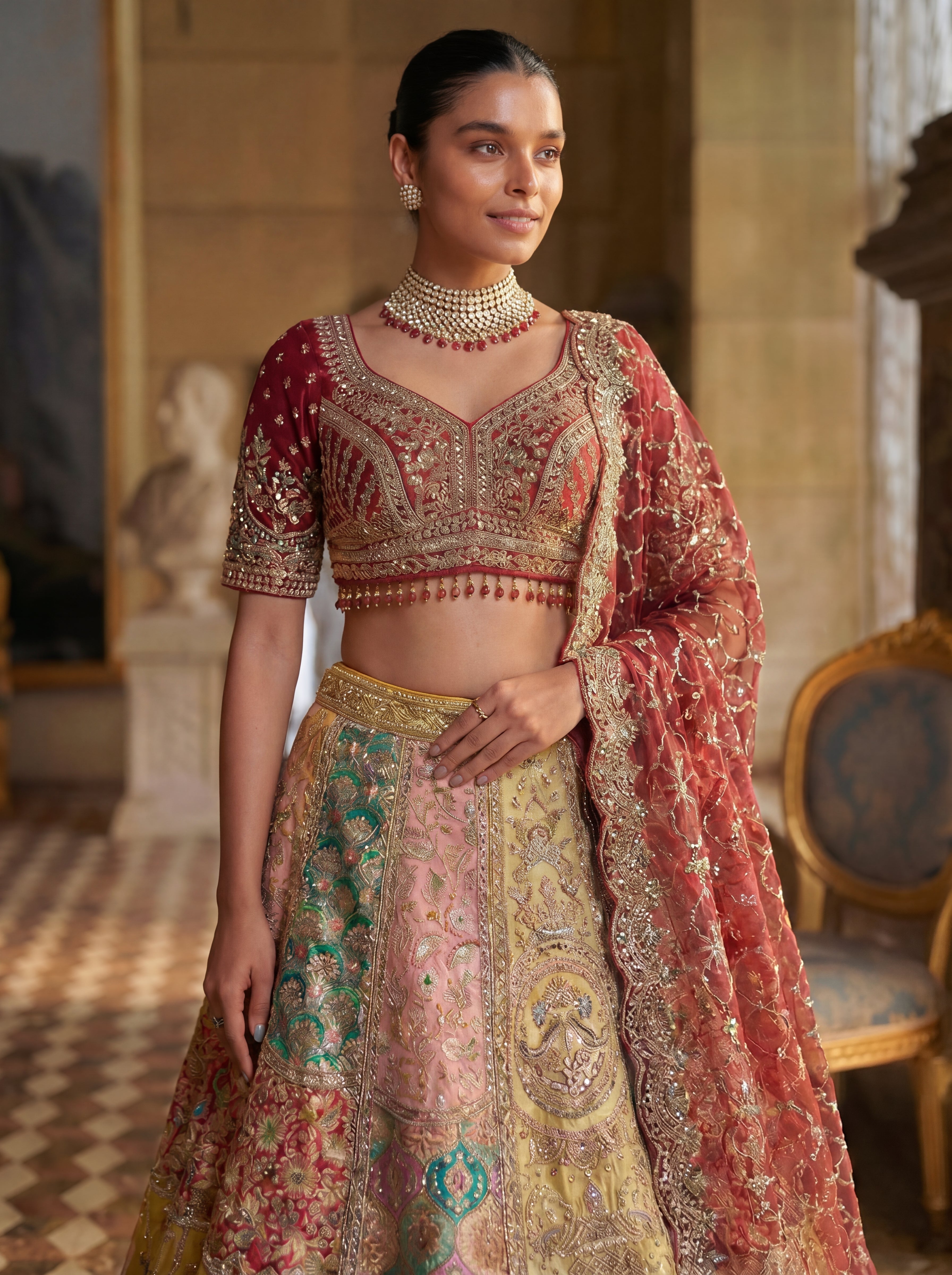 Wine Maroon Silk Viscose Mirror Sequins Bridal Lehenga Choli Set
