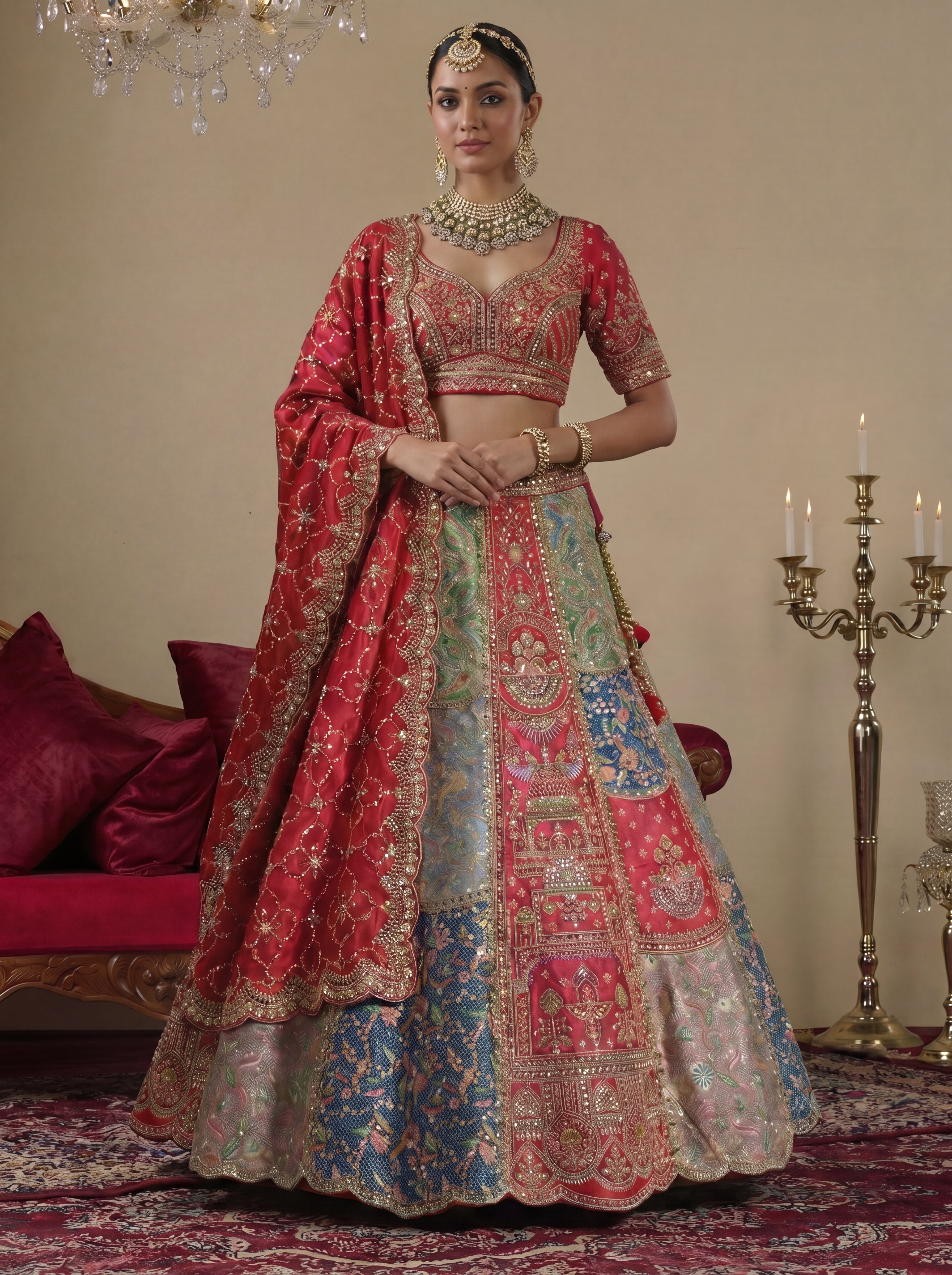 Crimson Red Silk Mirror Sequins Bridal Lehenga Choli Set