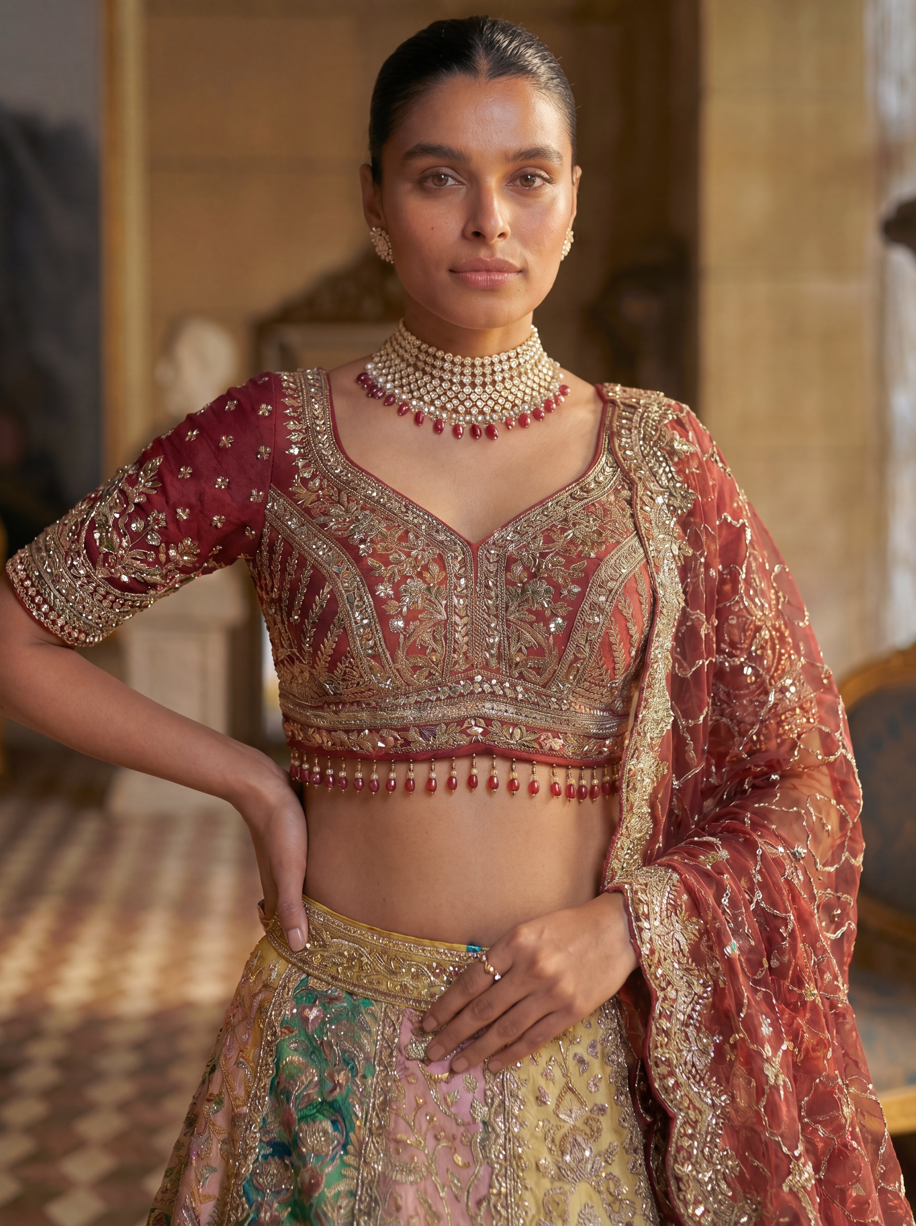 Wine Maroon Silk Viscose Mirror Sequins Bridal Lehenga Choli Set