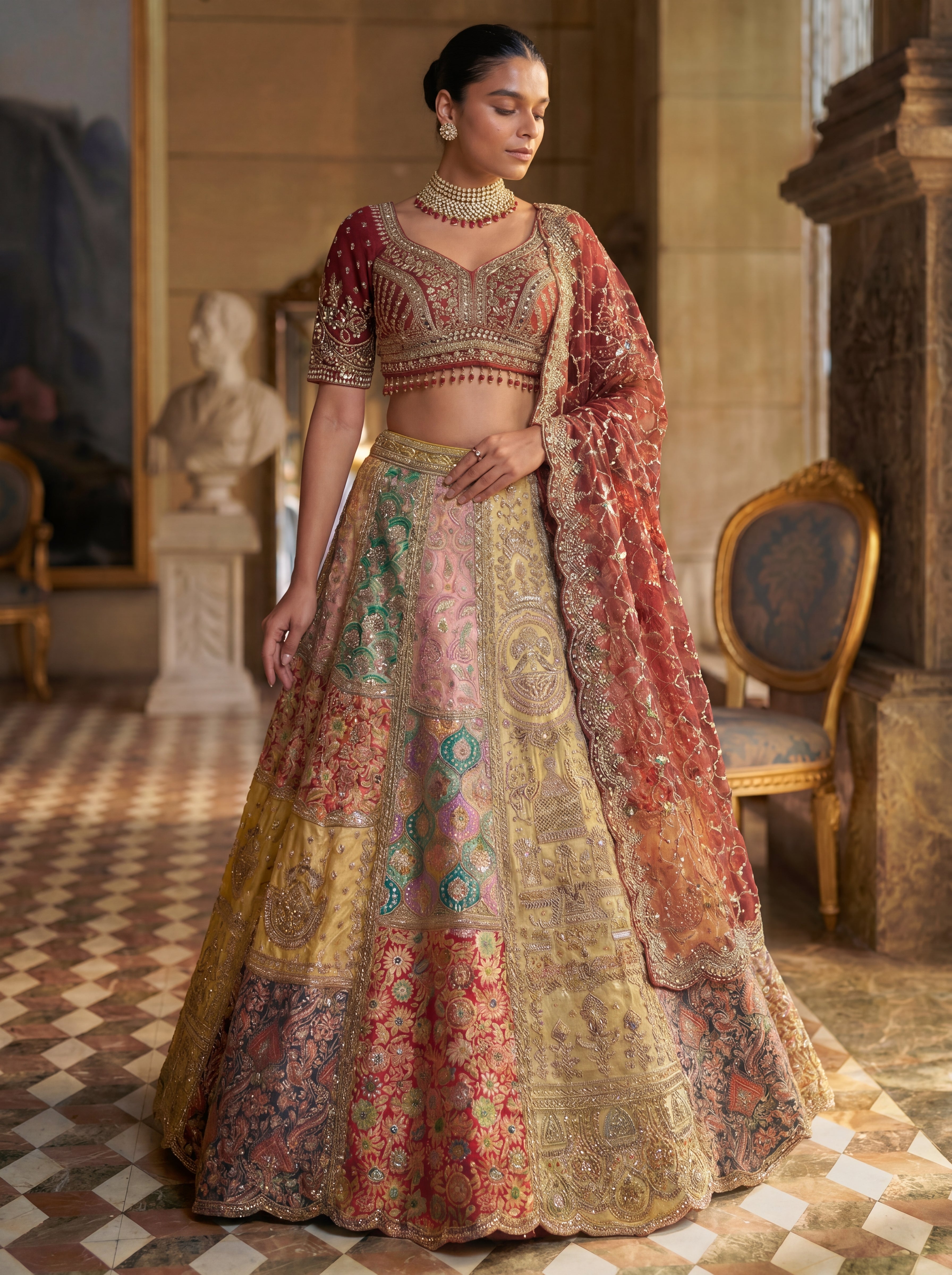 Wine Maroon Silk Viscose Mirror Sequins Bridal Lehenga Choli Set