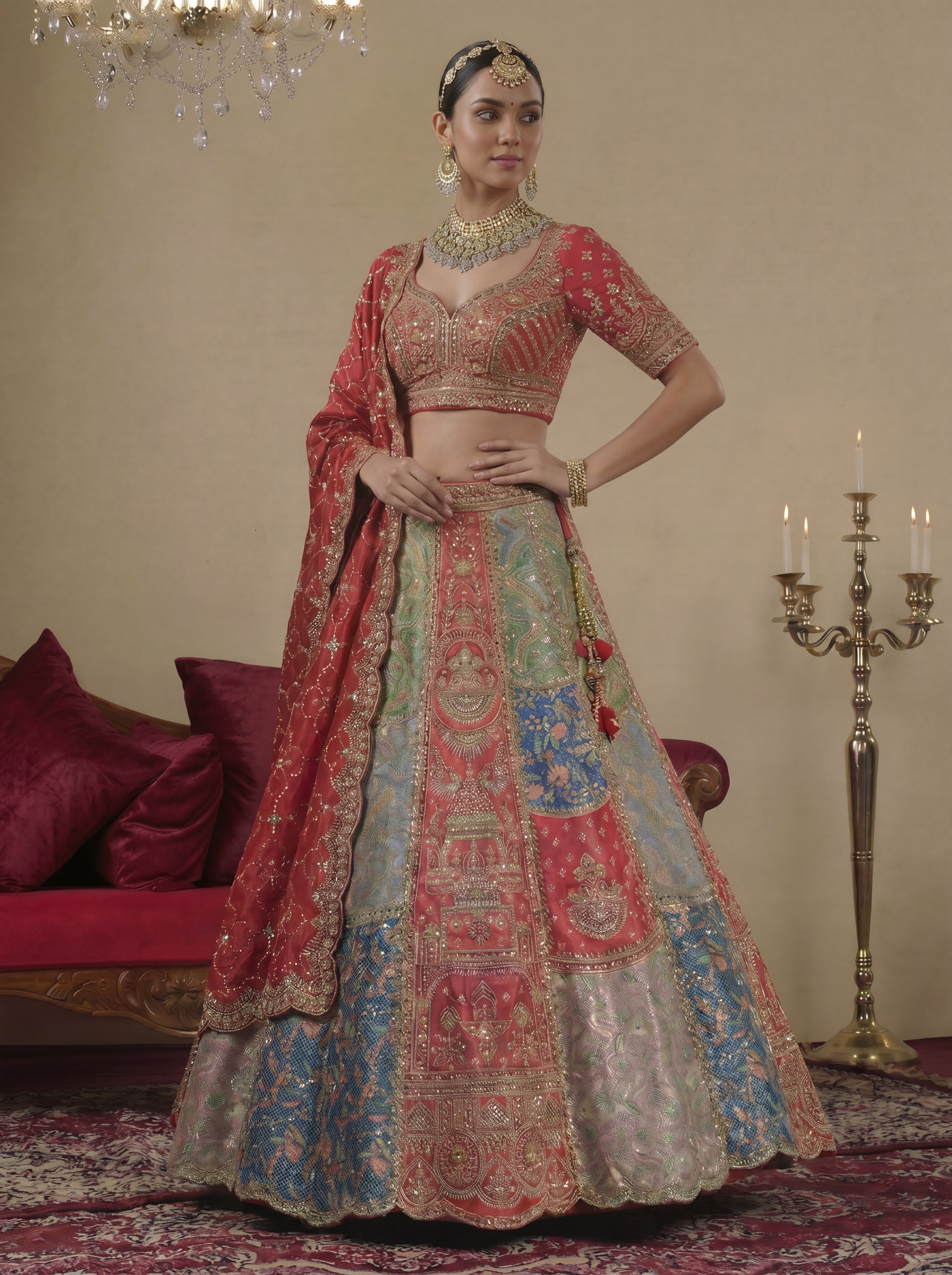 Crimson Red Silk Mirror Sequins Bridal Lehenga Choli Set