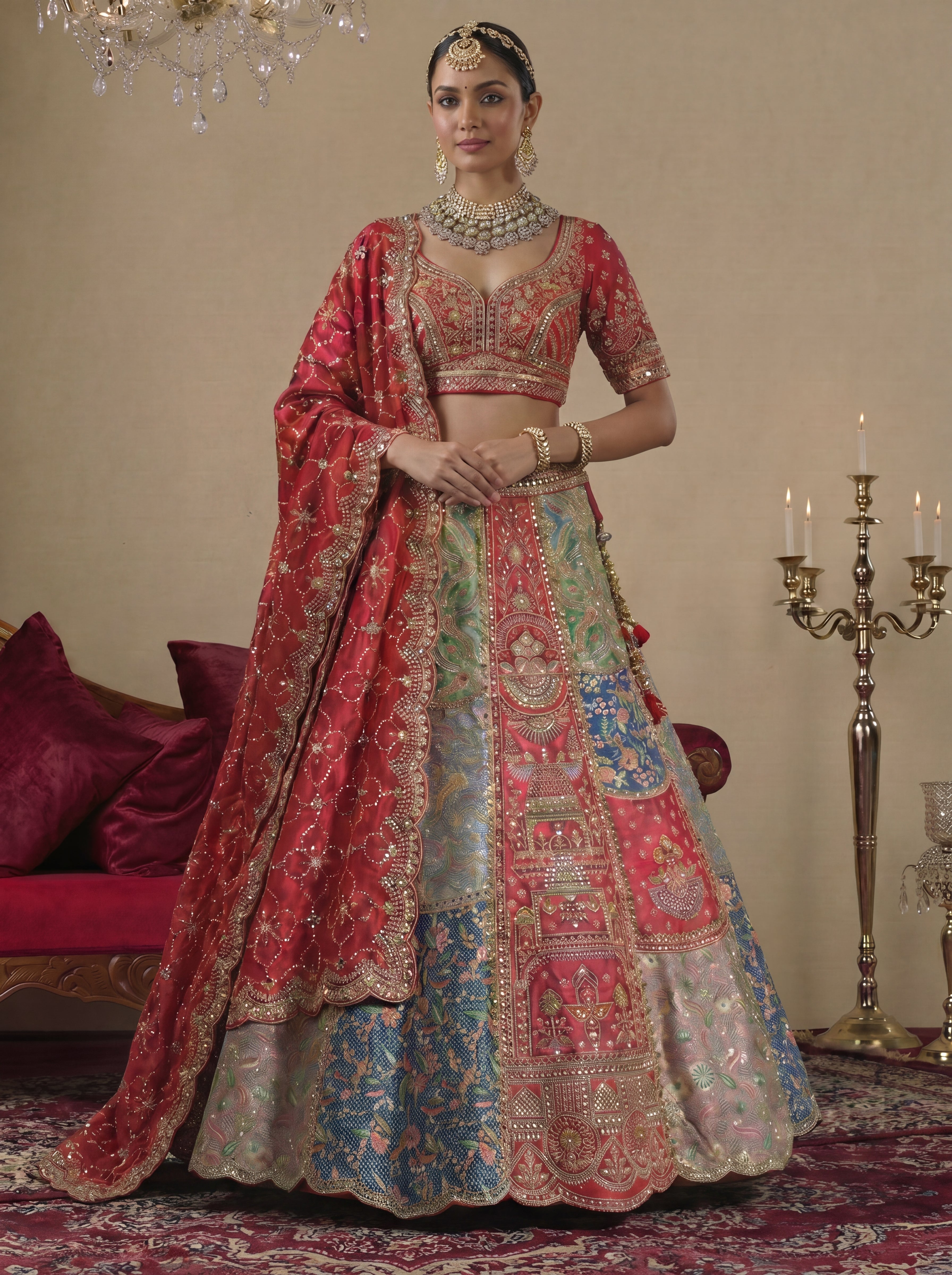 Crimson Red Silk Mirror Sequins Bridal Lehenga Choli Set
