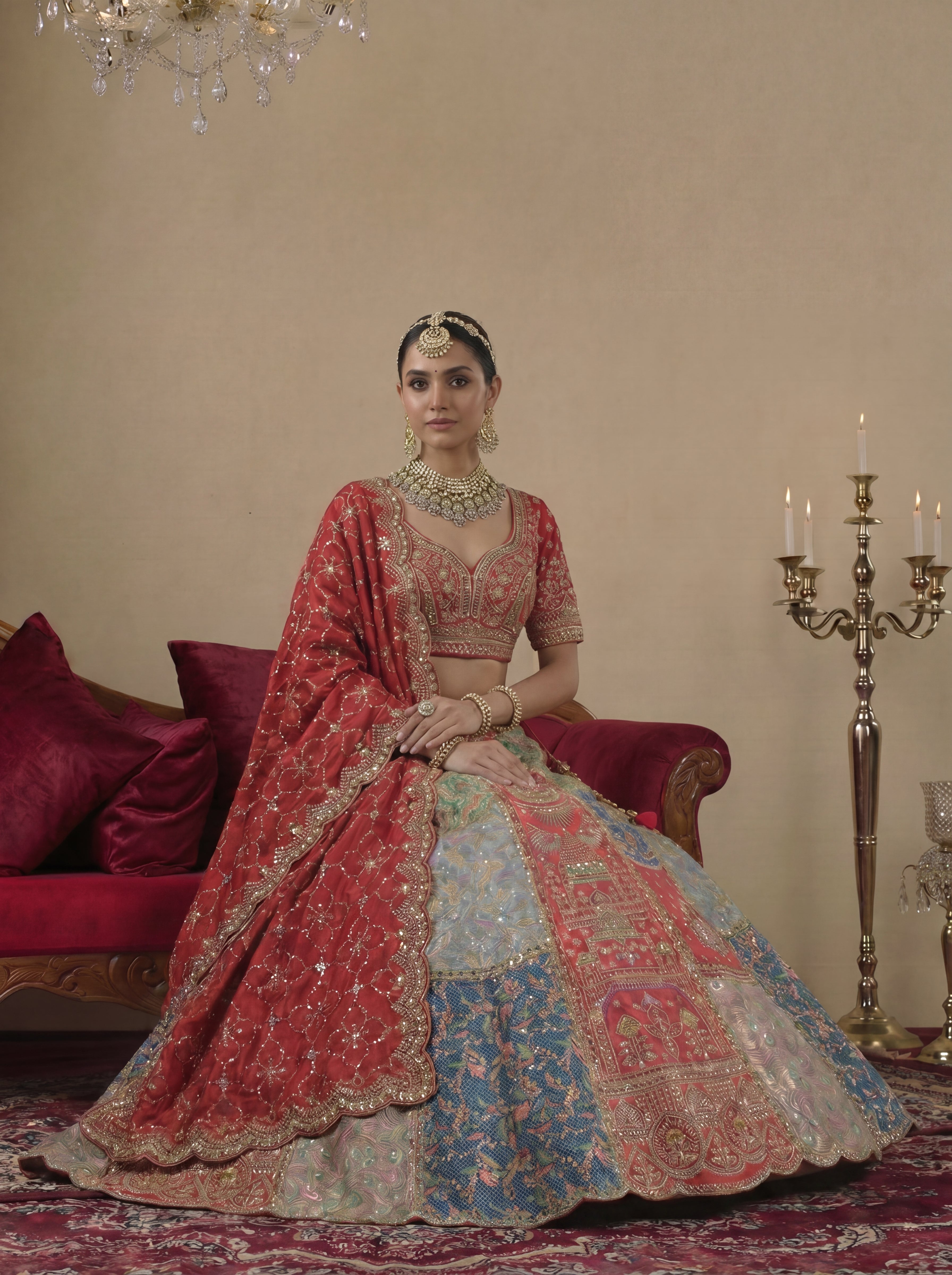 Crimson Red Silk Mirror Sequins Bridal Lehenga Choli Set