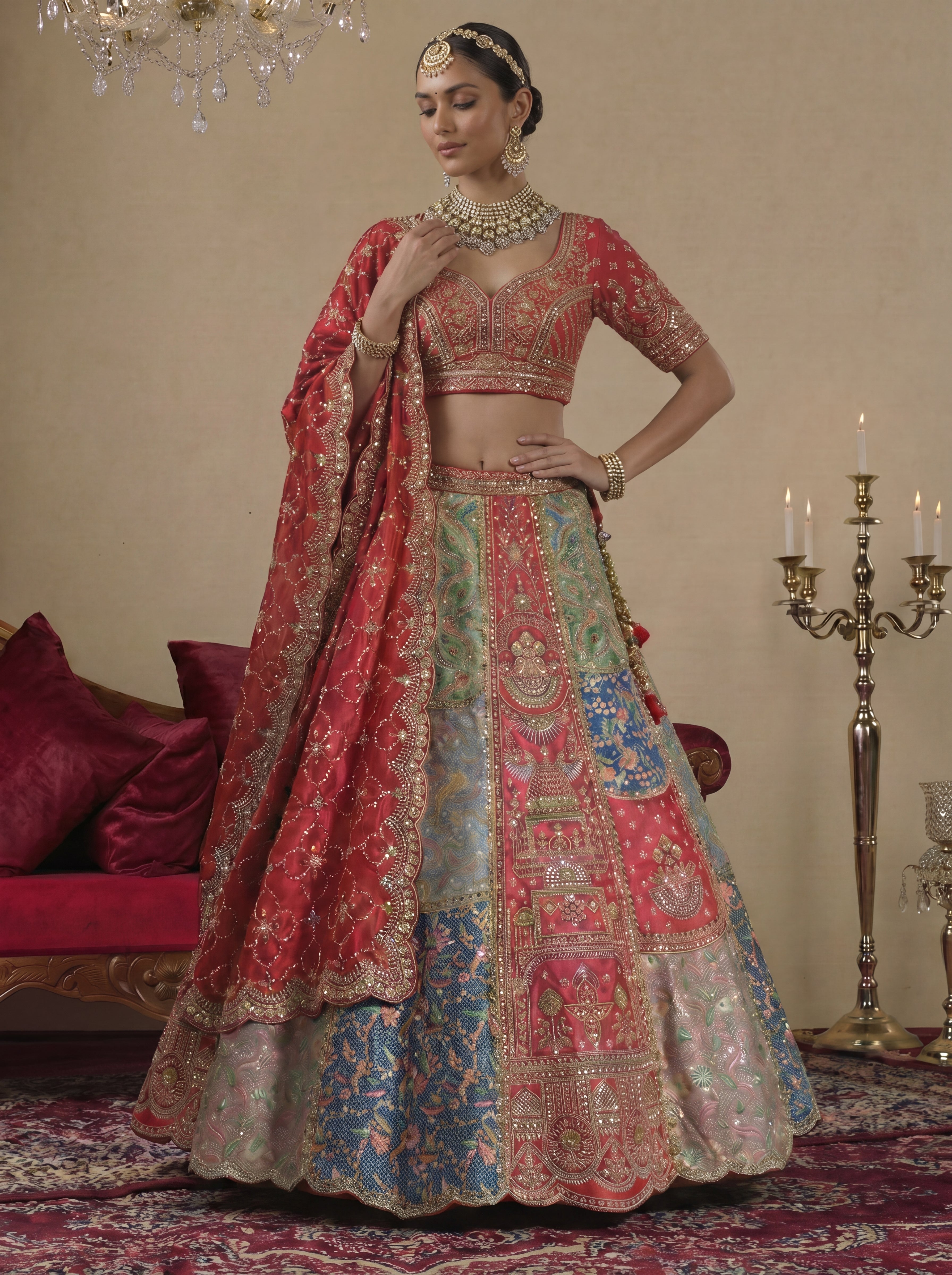 Crimson Red Silk Mirror Sequins Bridal Lehenga Choli Set