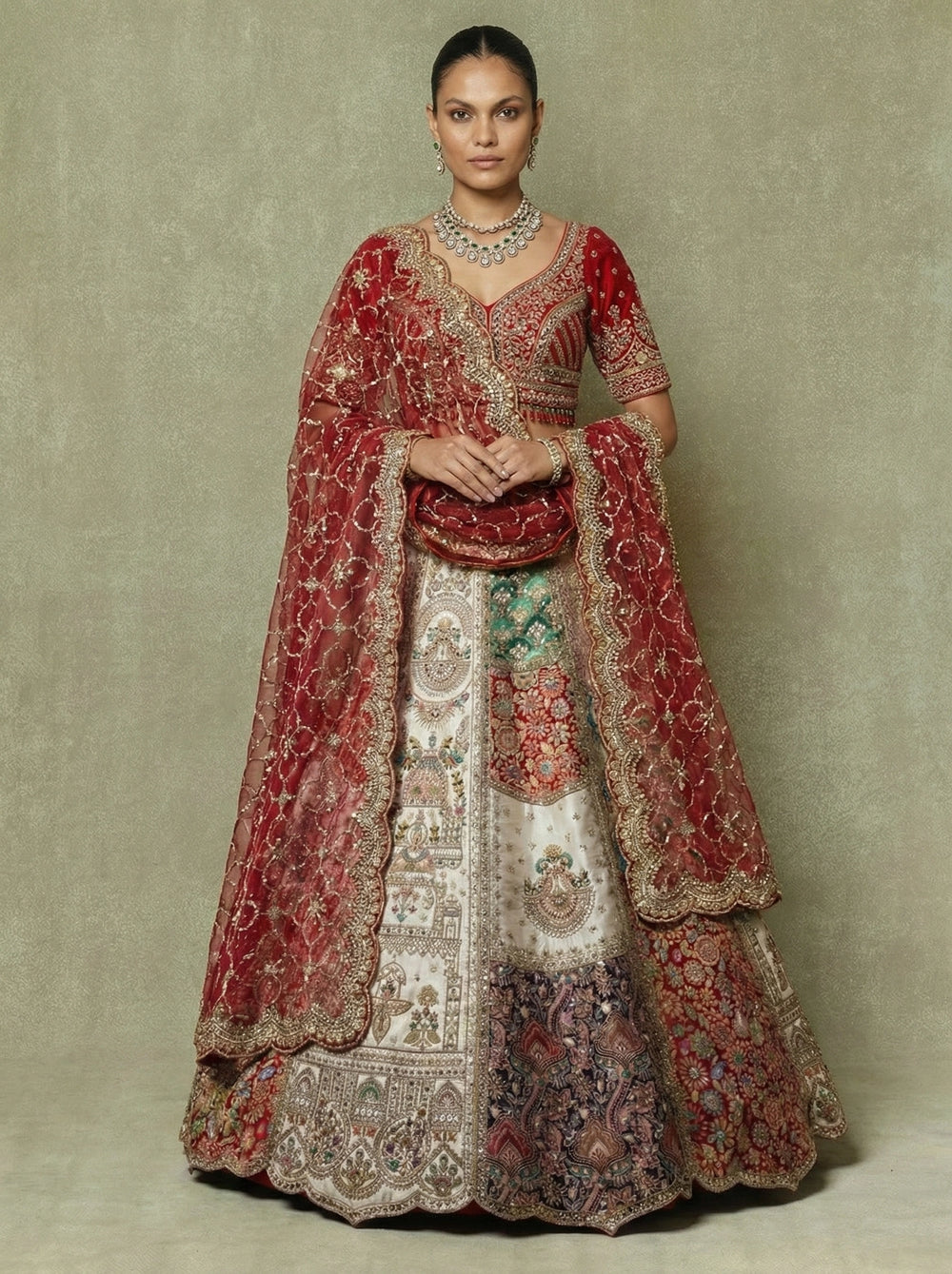 Crimson Silk Mirror Sequins Bridal Lehenga Choli Set
