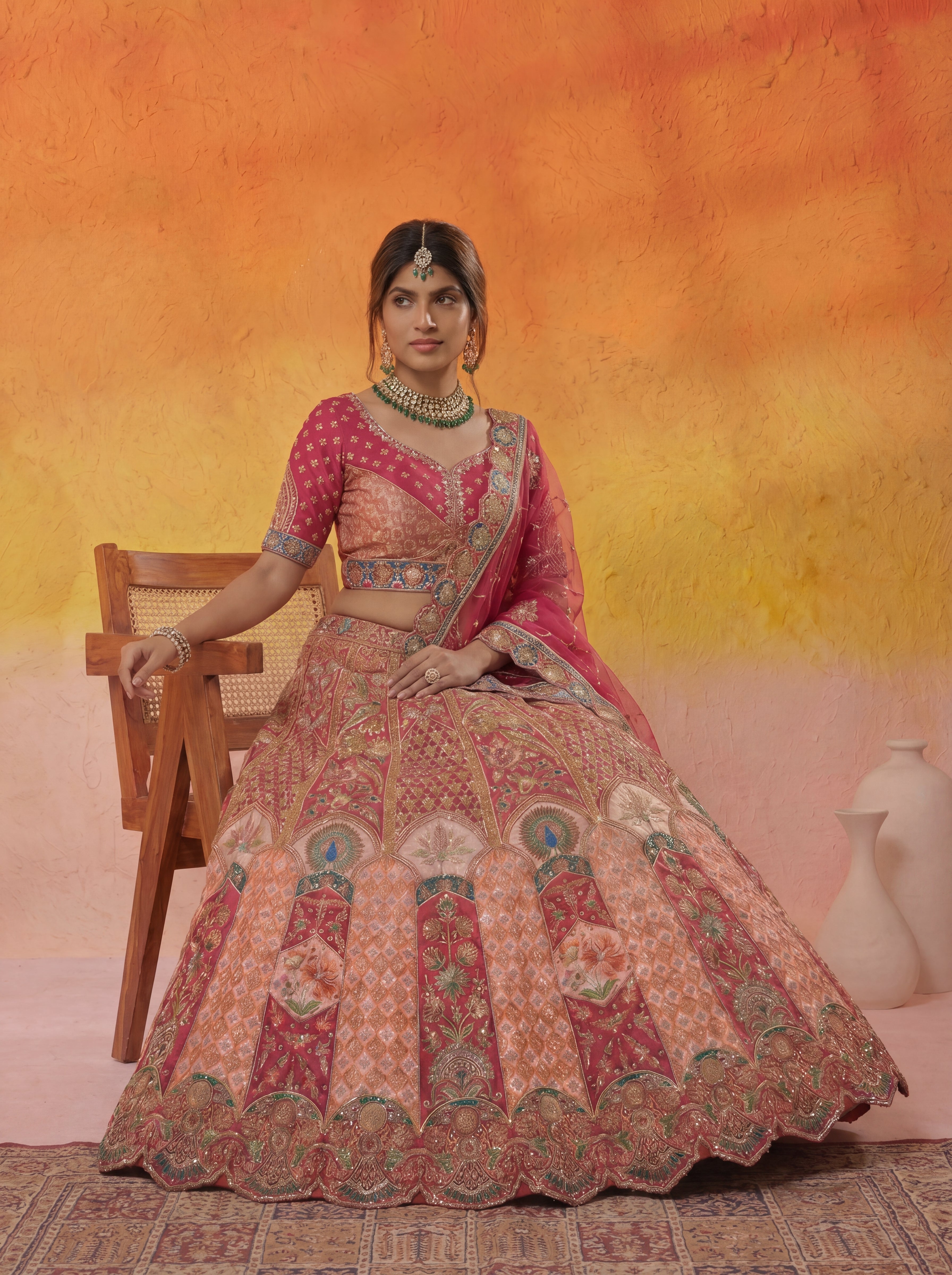 Coral Peach Viscose Sequins Embroidered Bridal Lehenga Choli Set