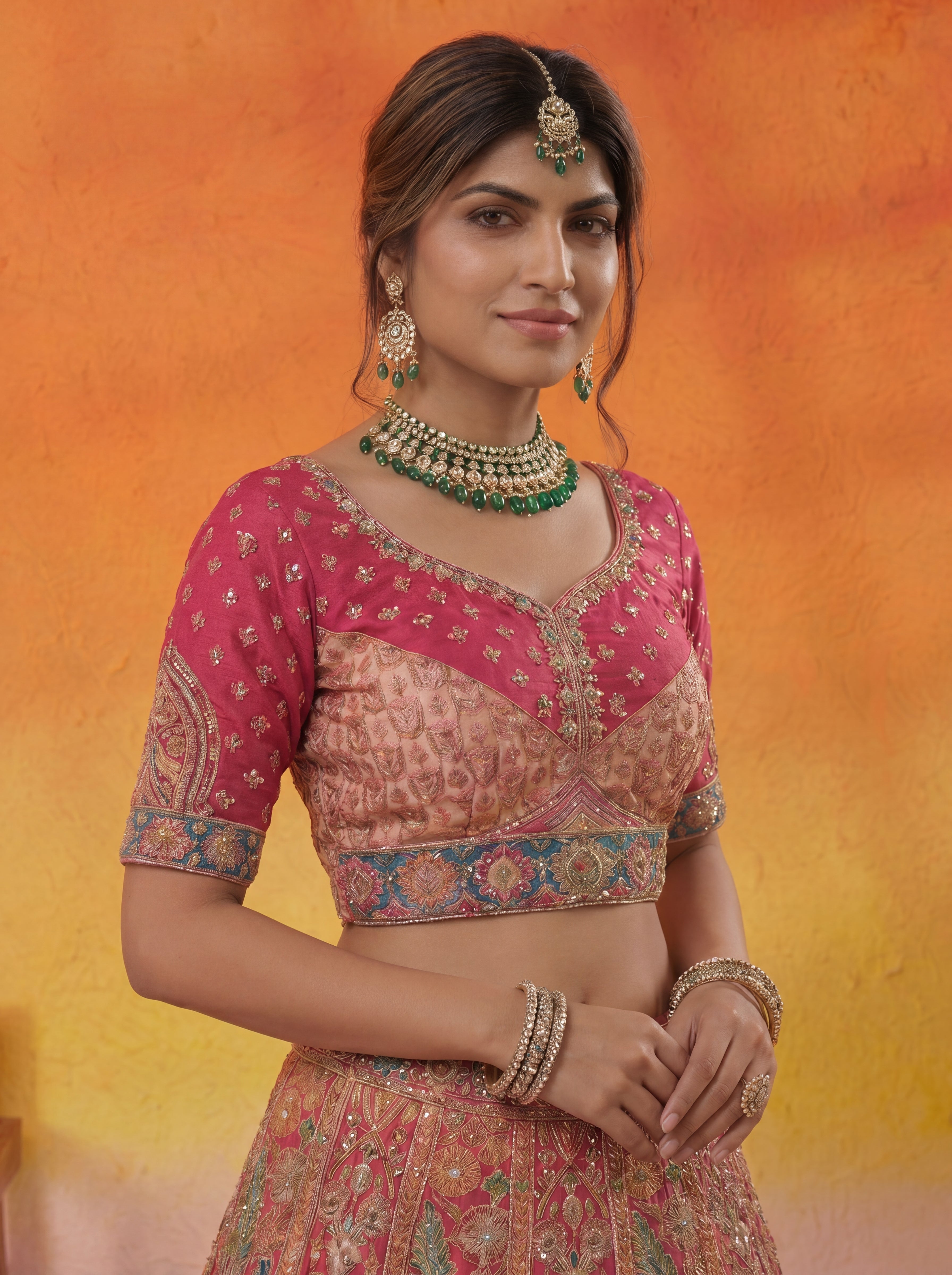 Coral Peach Viscose Sequins Embroidered Bridal Lehenga Choli Set