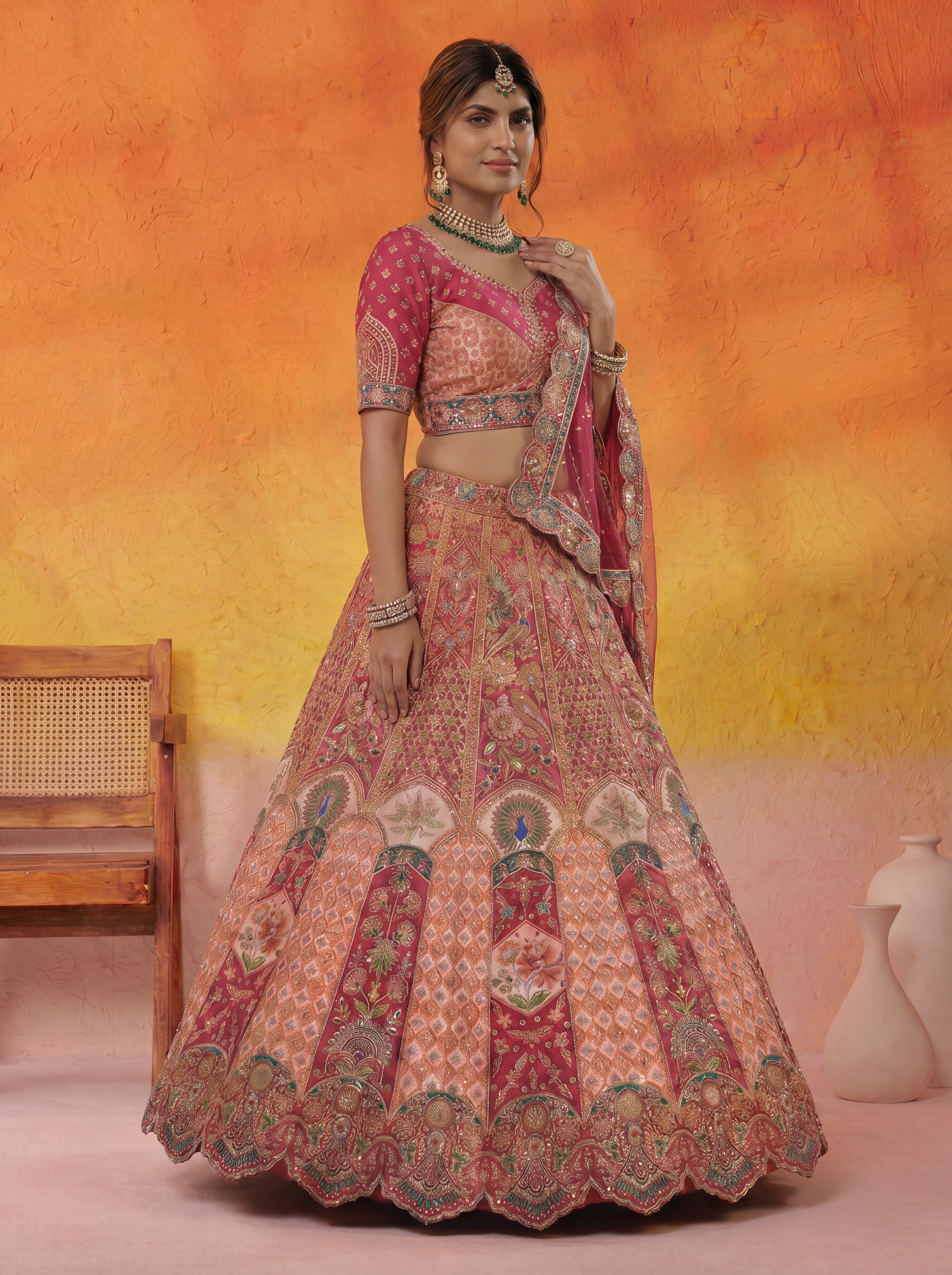 Coral Peach Viscose Sequins Embroidered Bridal Lehenga Choli Set