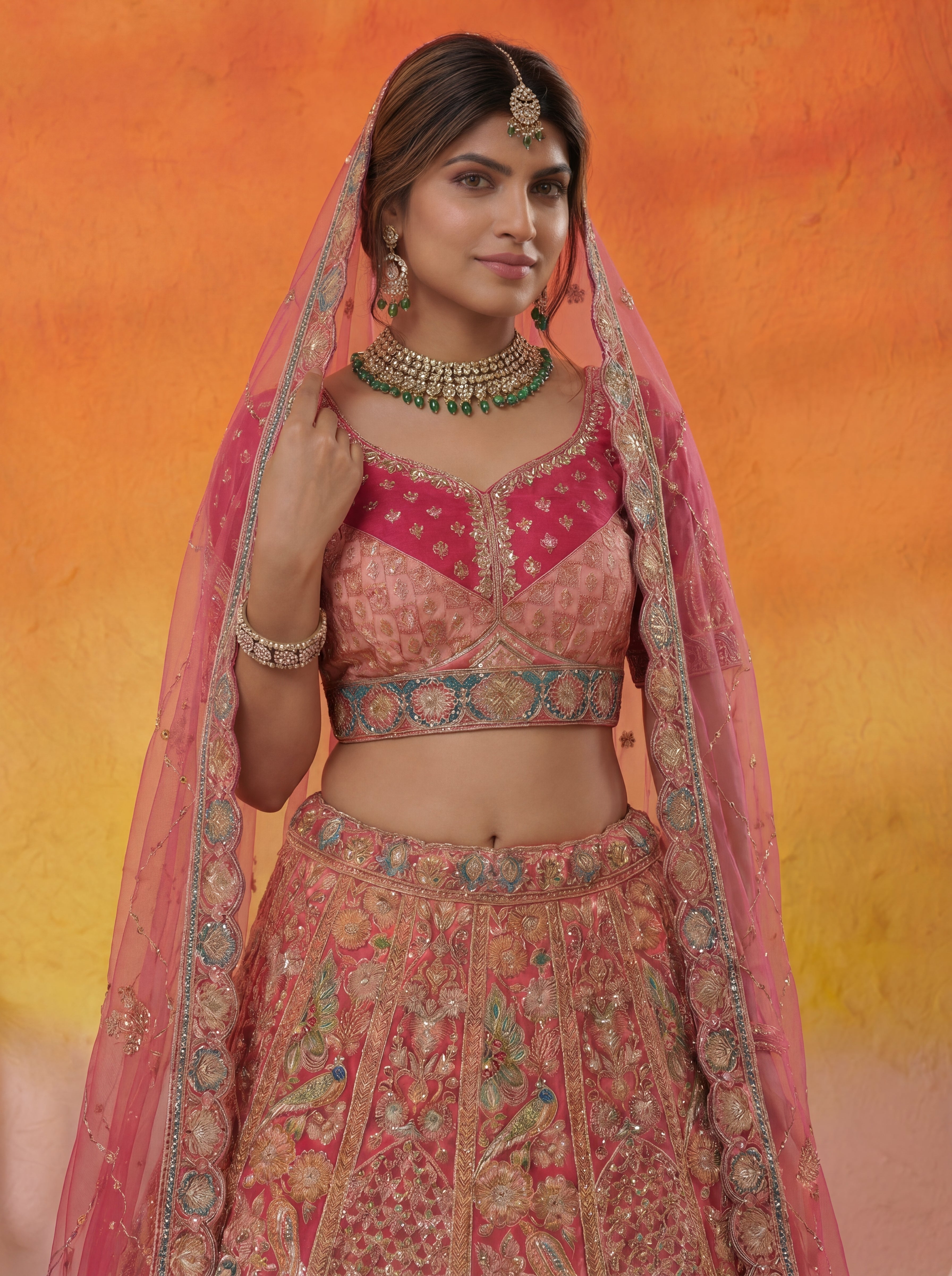 Coral Peach Viscose Sequins Embroidered Bridal Lehenga Choli Set