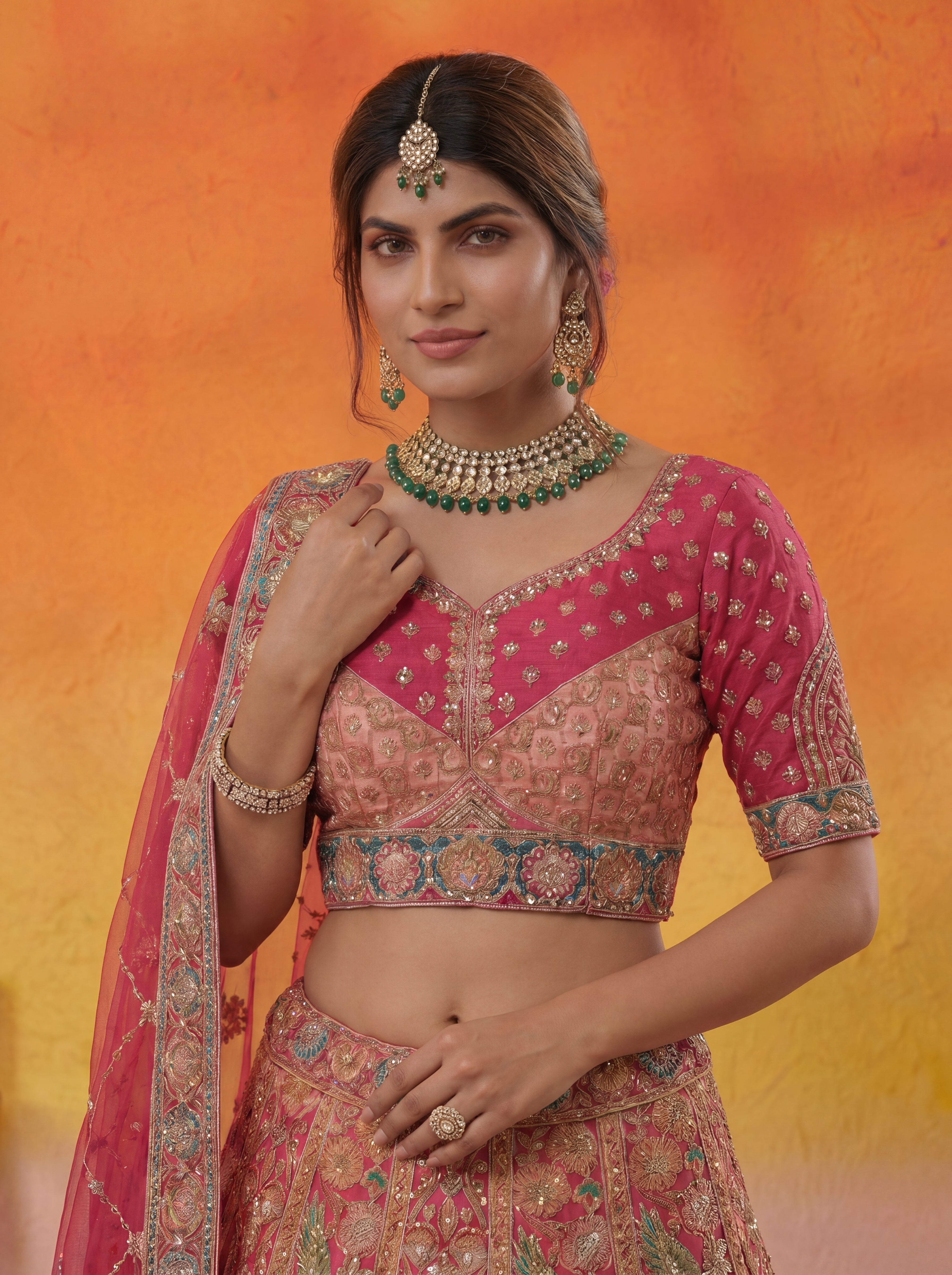 Coral Peach Viscose Sequins Embroidered Bridal Lehenga Choli Set