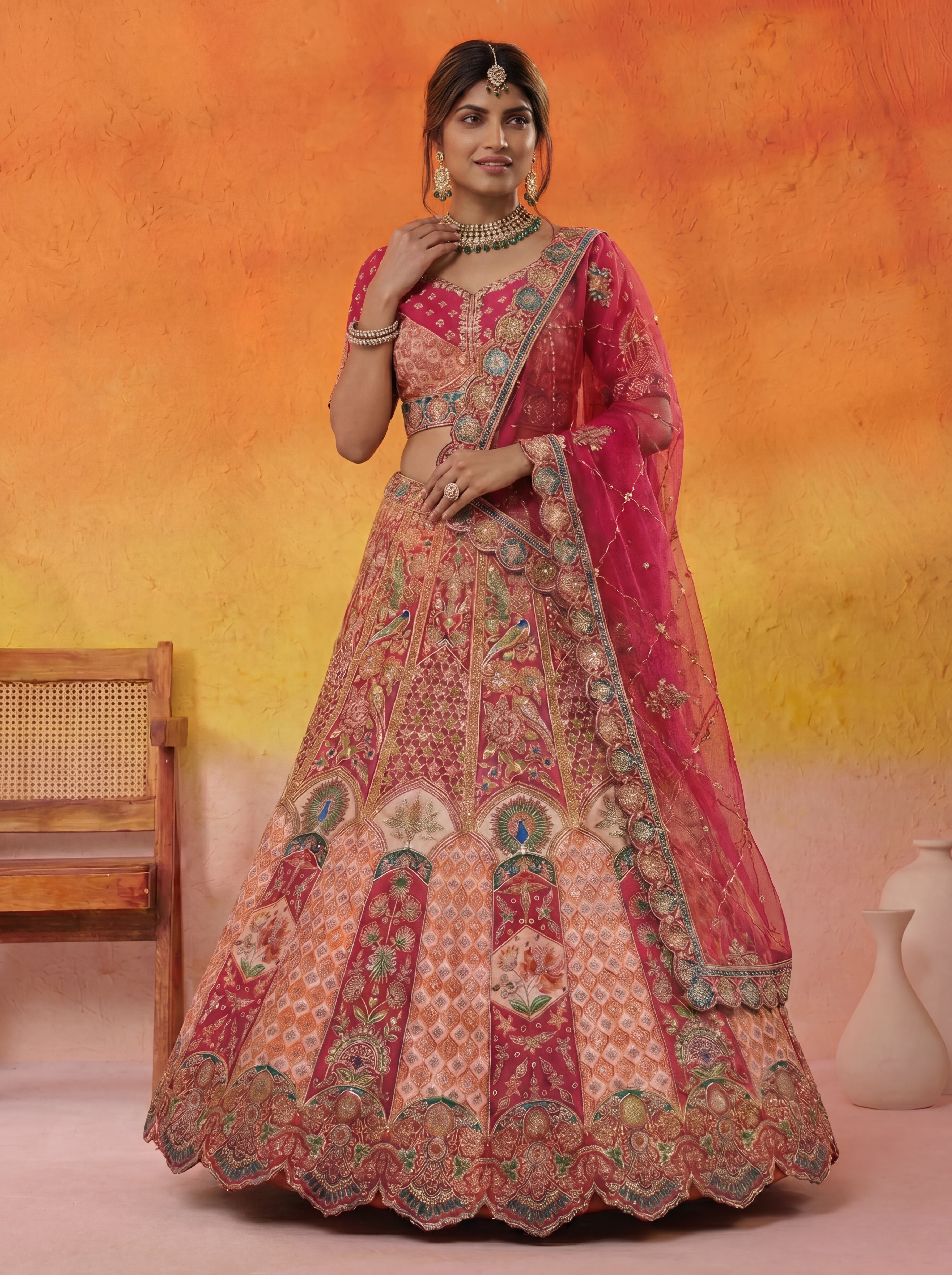 Coral Peach Viscose Sequins Embroidered Bridal Lehenga Choli Set