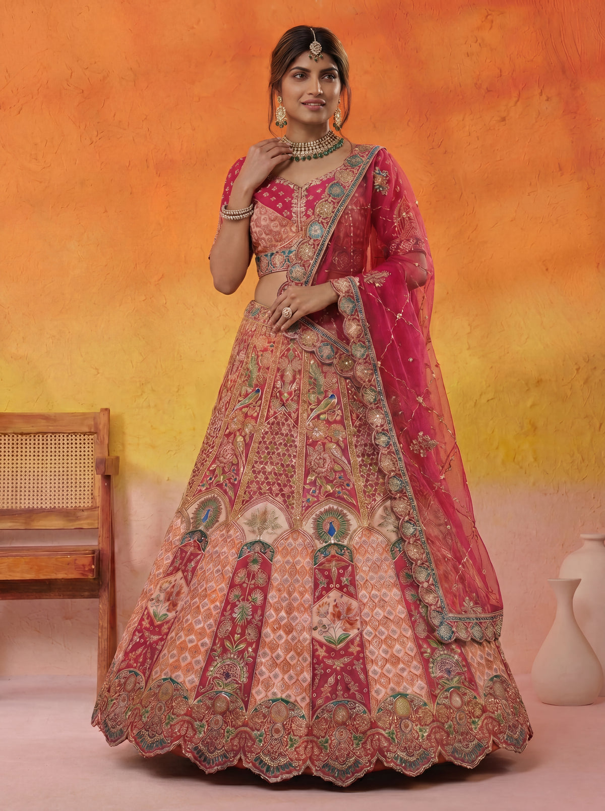 Coral Peach Viscose Sequins Embroidered Bridal Lehenga Choli Set