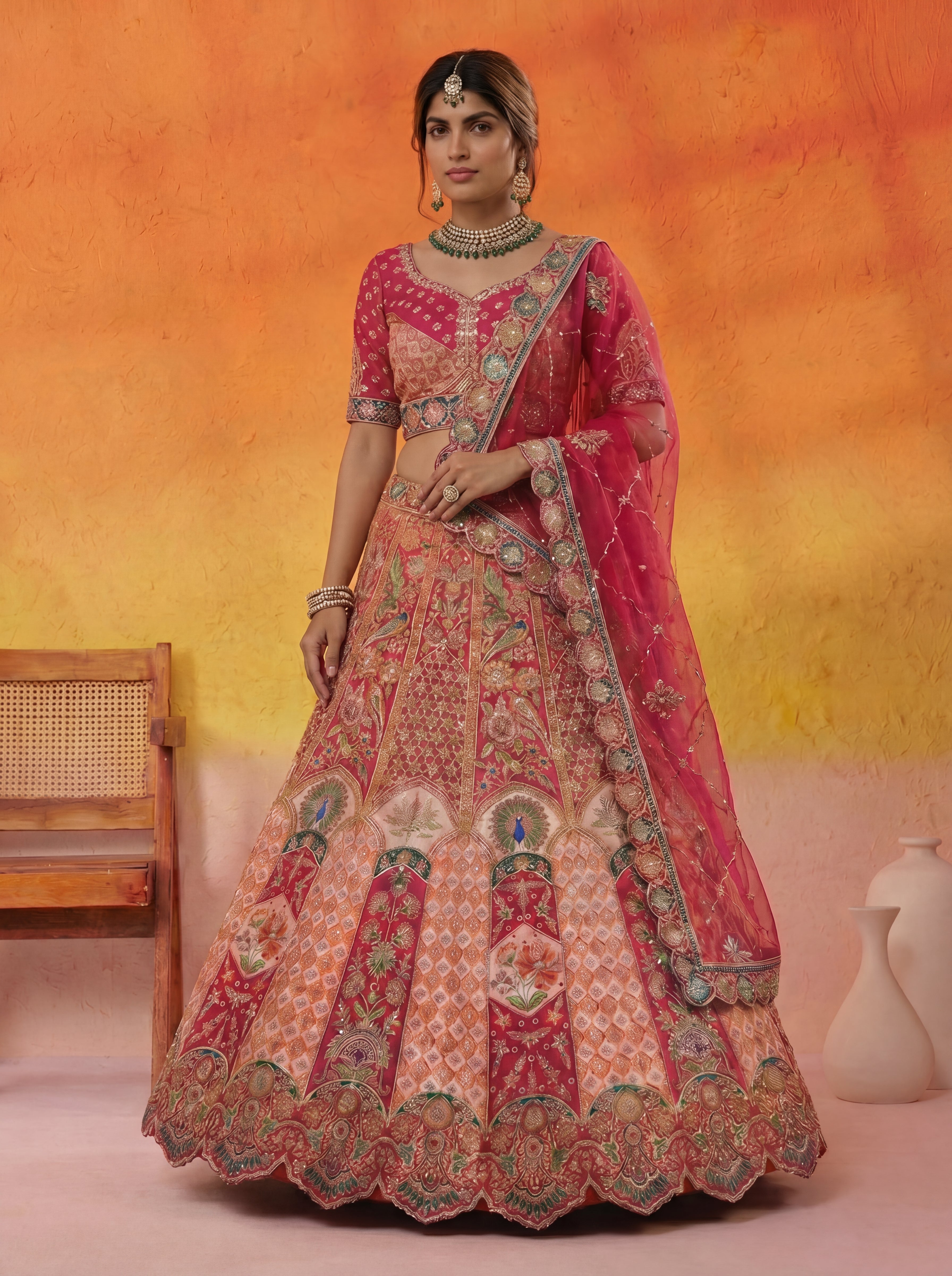 Coral Peach Viscose Sequins Embroidered Bridal Lehenga Choli Set