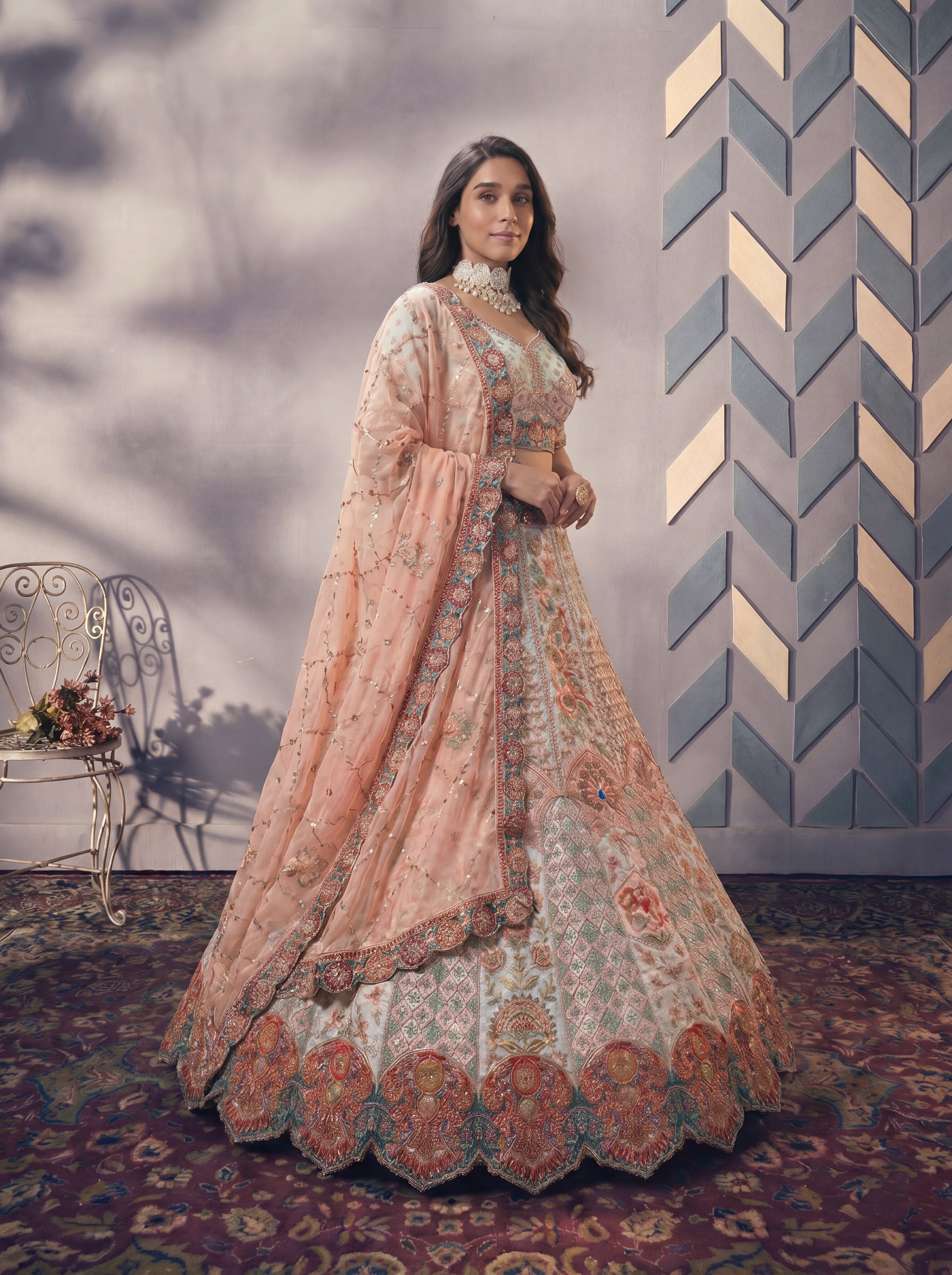 Cream Sky Position Printed Cording Sequins Worked Wedding Lehenga Choli