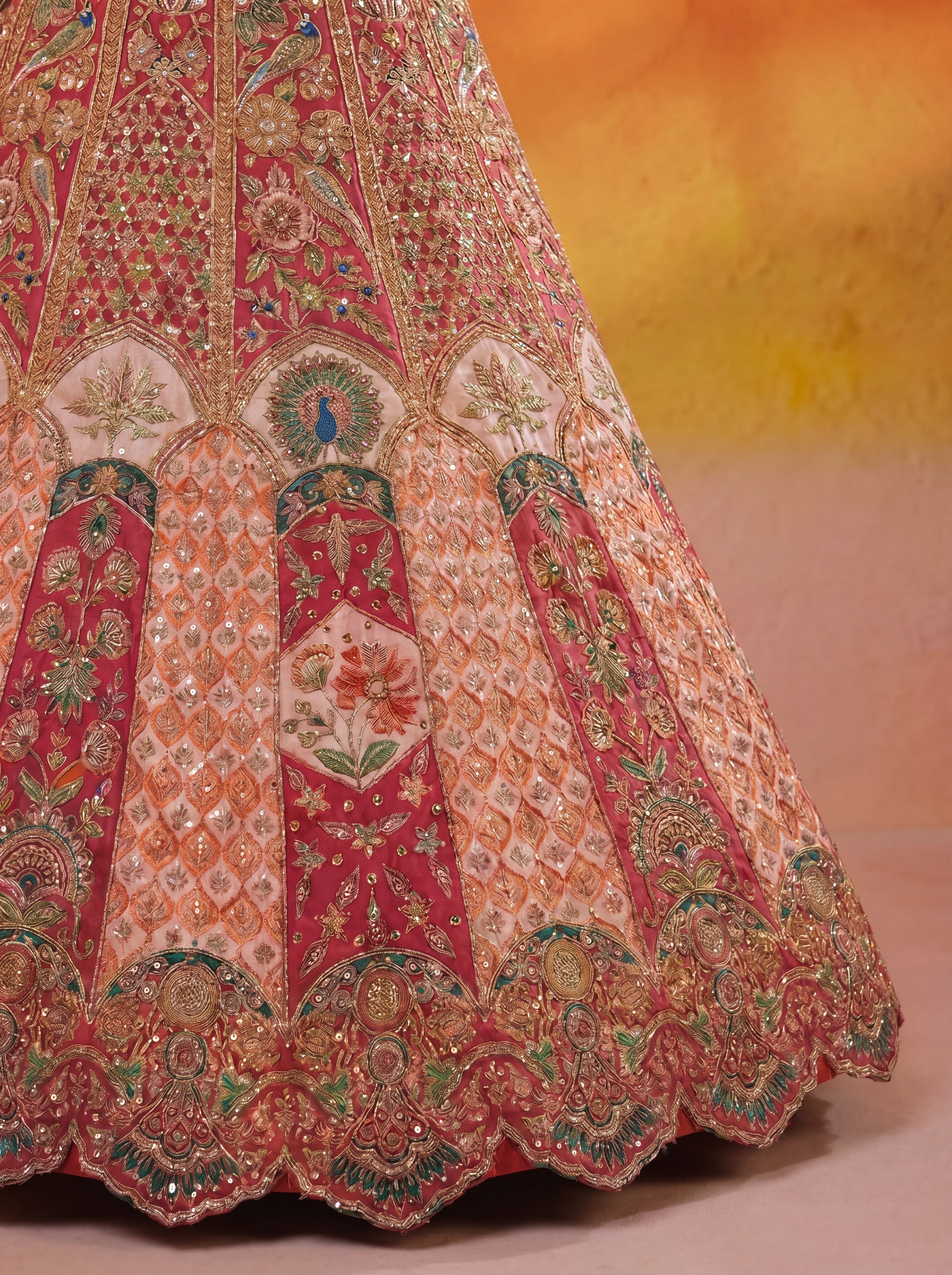 Coral Peach Viscose Sequins Embroidered Bridal Lehenga Choli Set