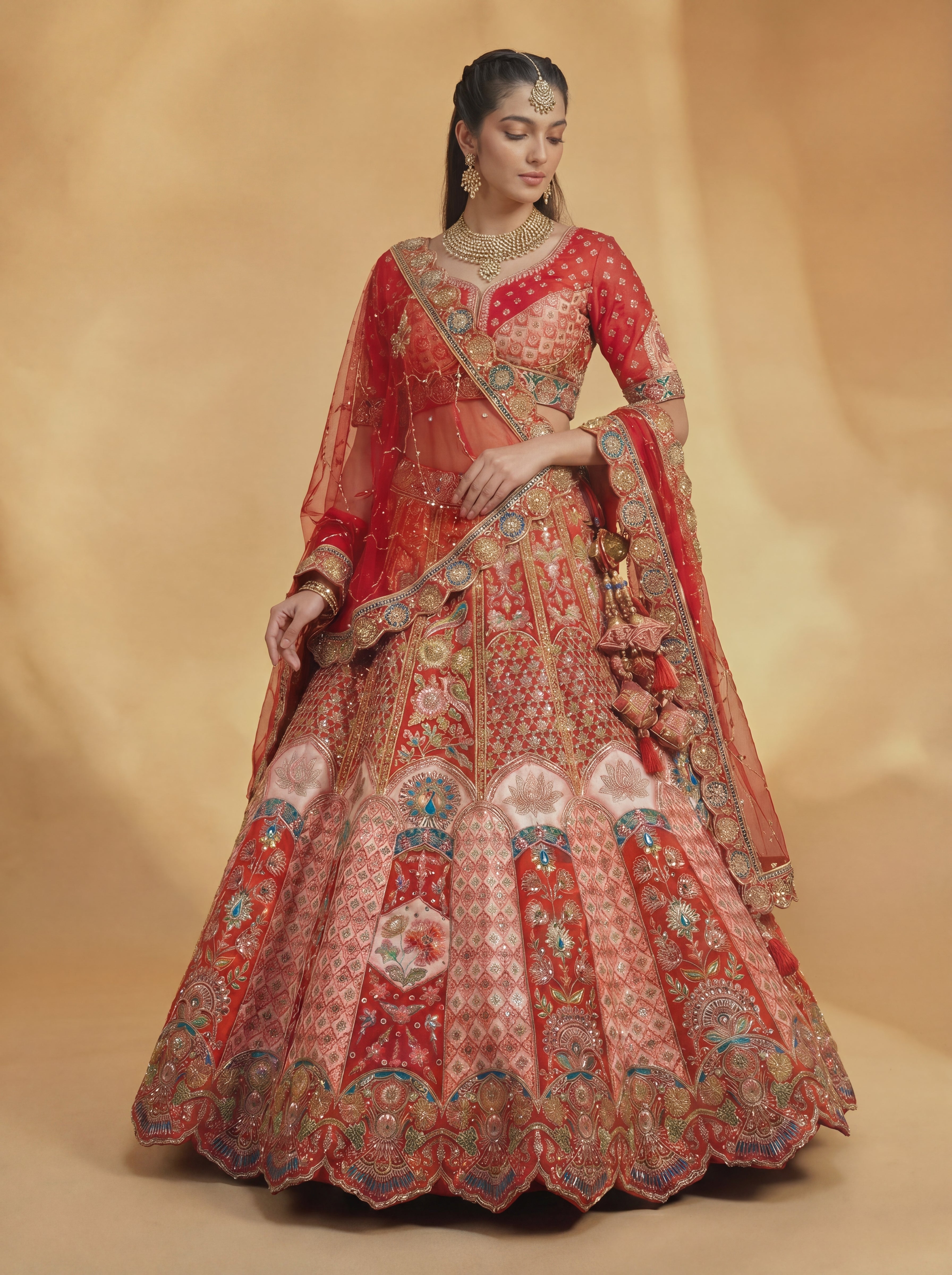 Crimson Red Viscose Sequins Embroidered Bridal Lehenga Choli Set