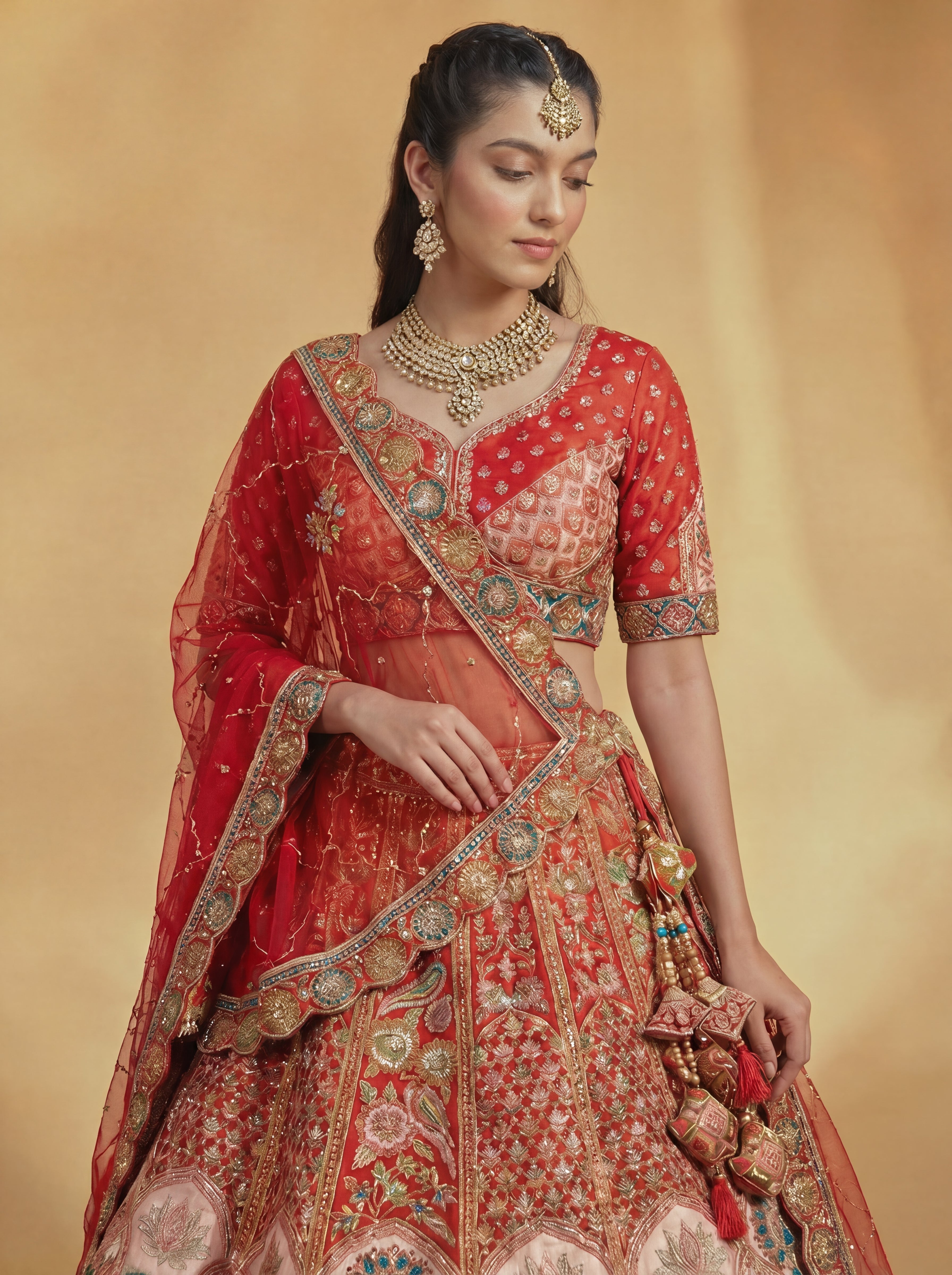 Crimson Red Viscose Sequins Embroidered Bridal Lehenga Choli Set