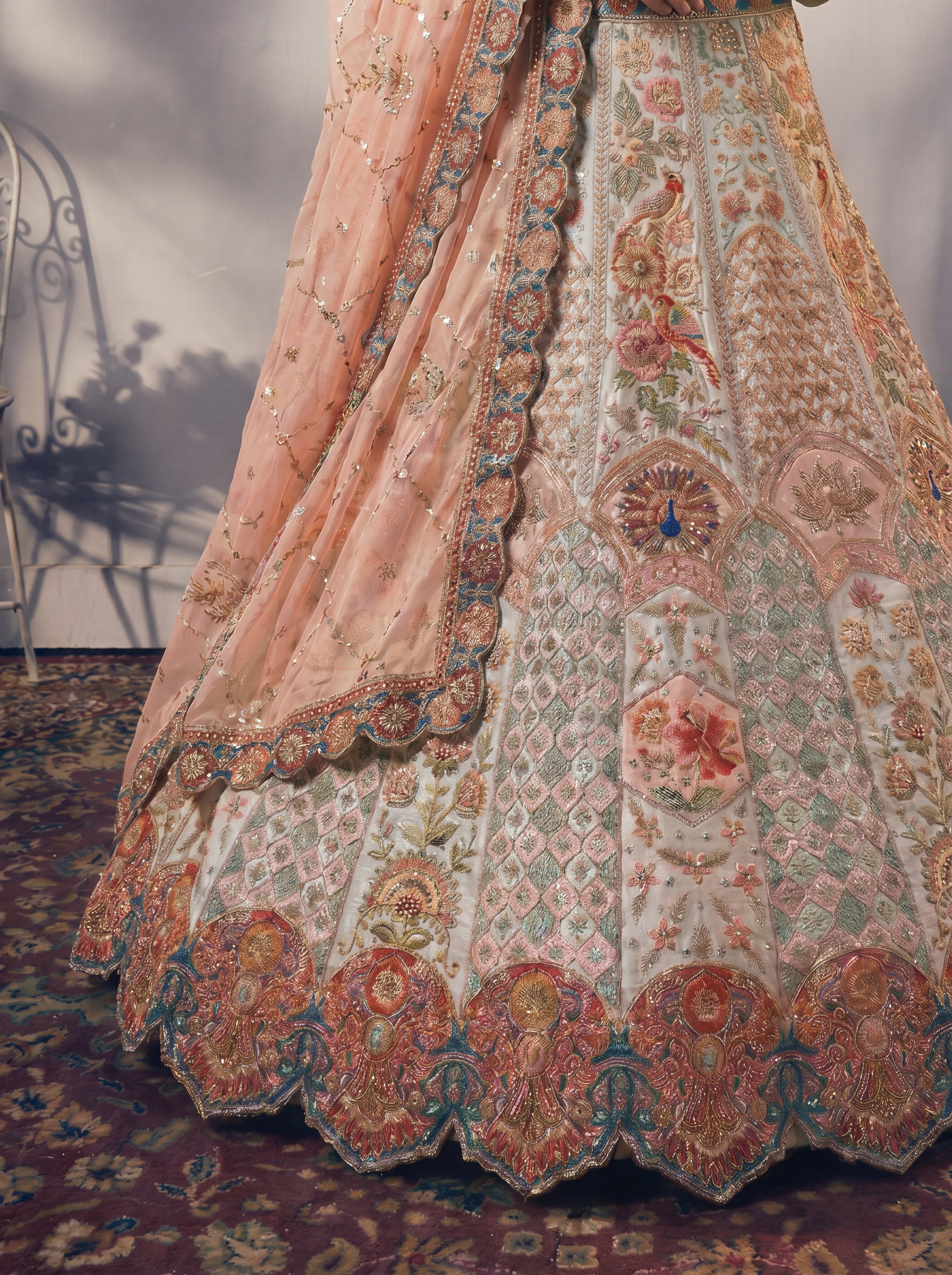 Cream Sky Position Printed Cording Sequins Worked Wedding Lehenga Choli