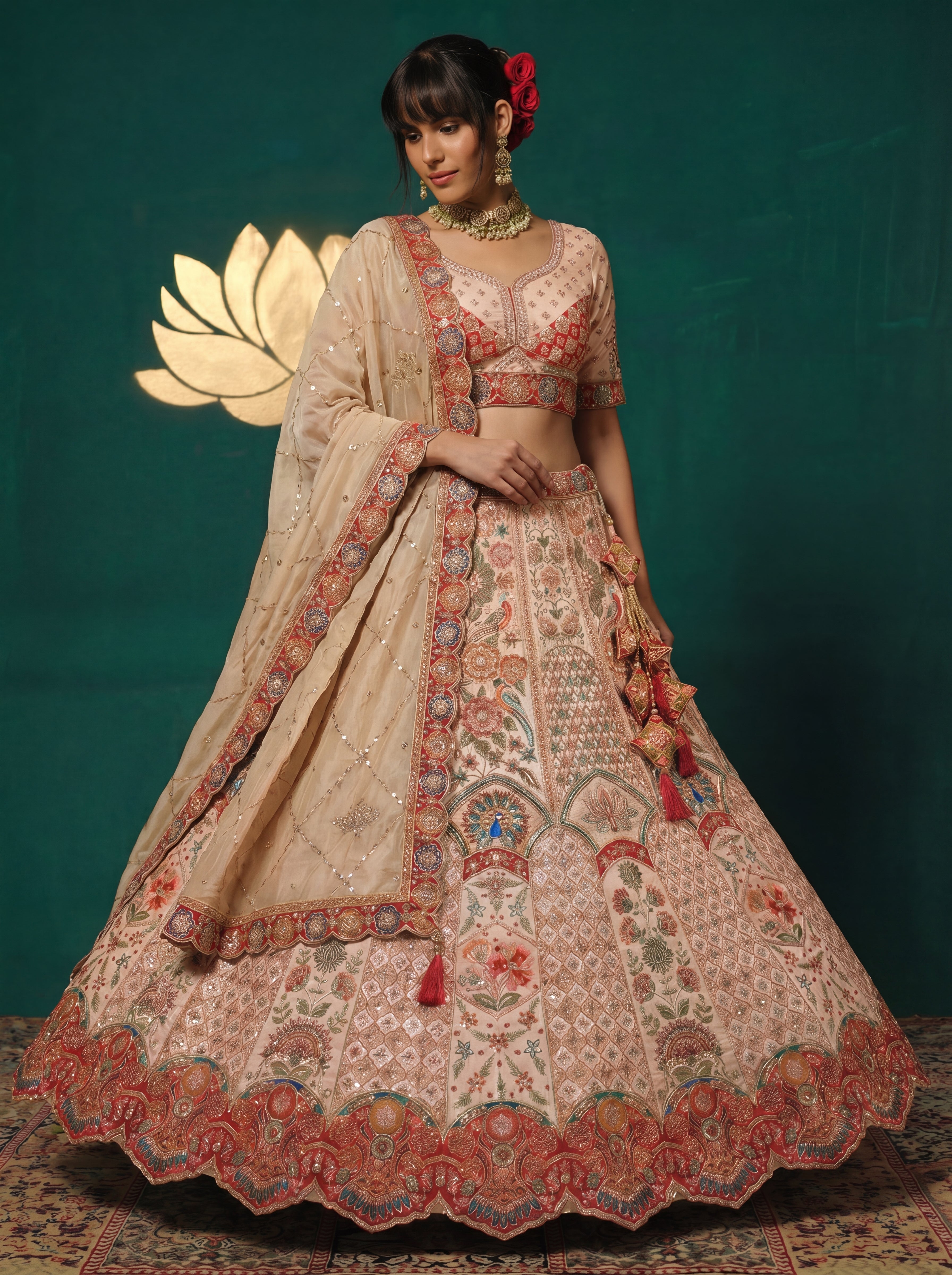 Champagne Beige Viscose Sequins Embroidered Bridal Lehenga Set