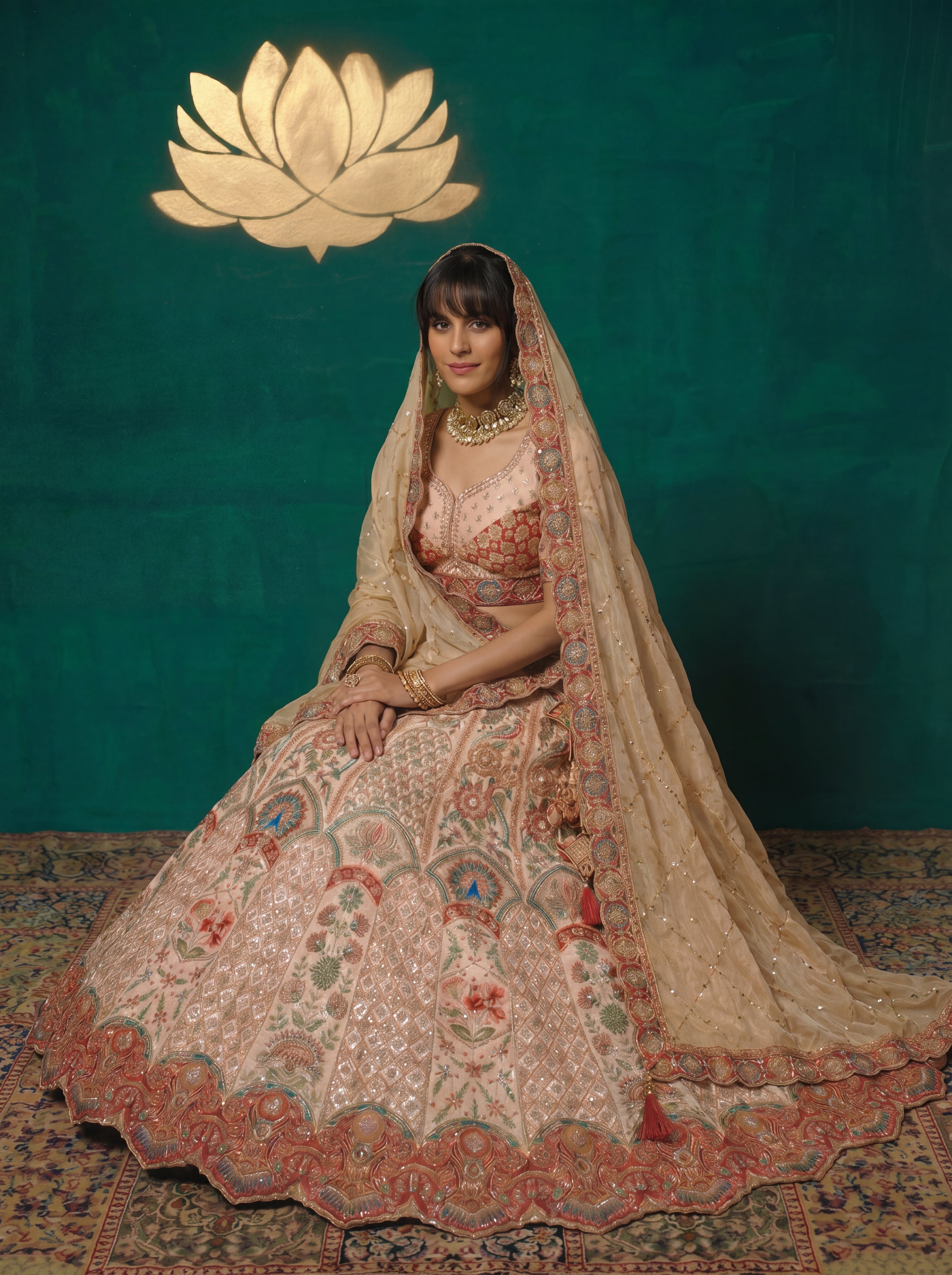 Champagne Beige Viscose Sequins Embroidered Bridal Lehenga Set
