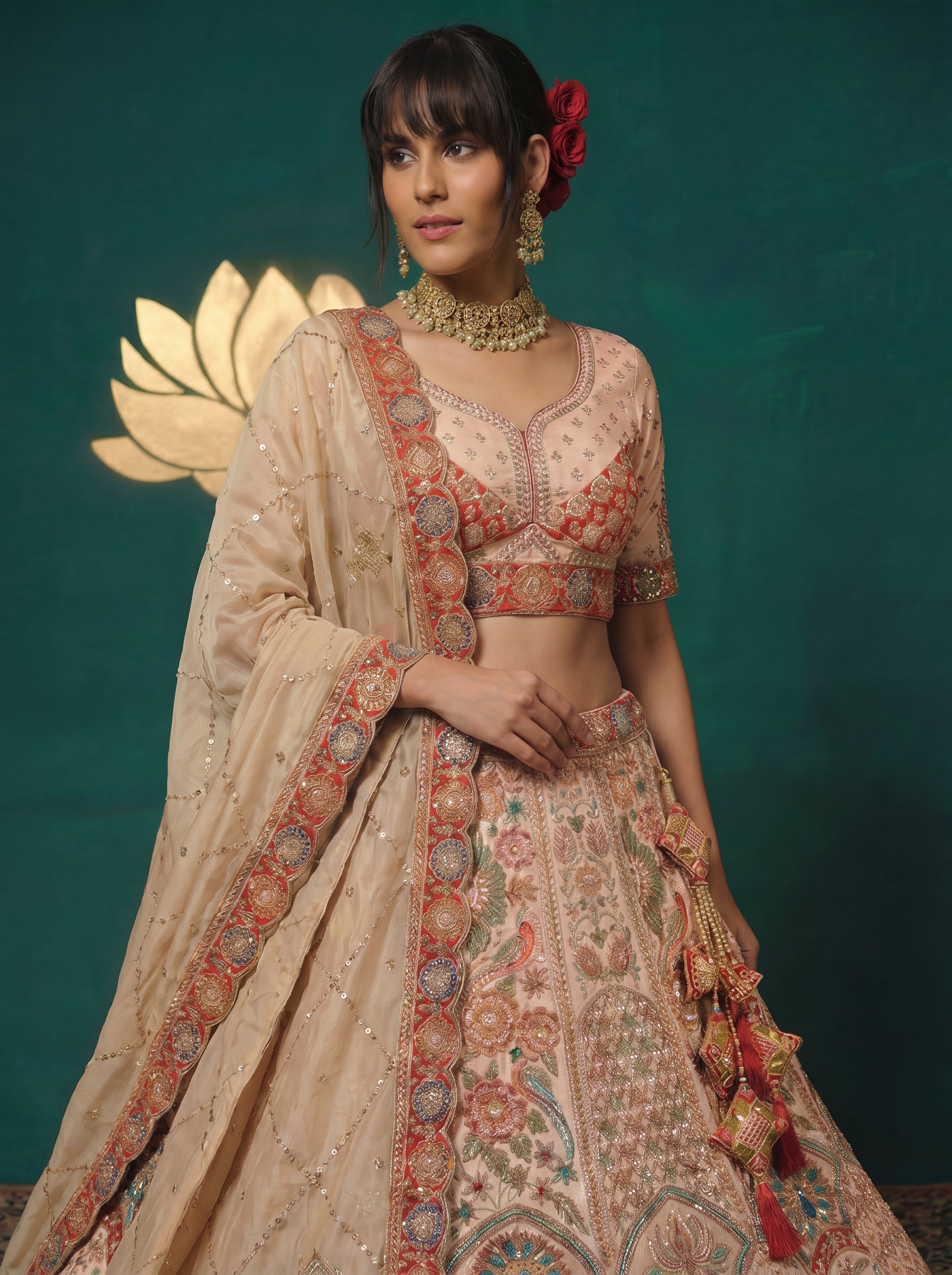 Champagne Beige Viscose Sequins Embroidered Bridal Lehenga Set