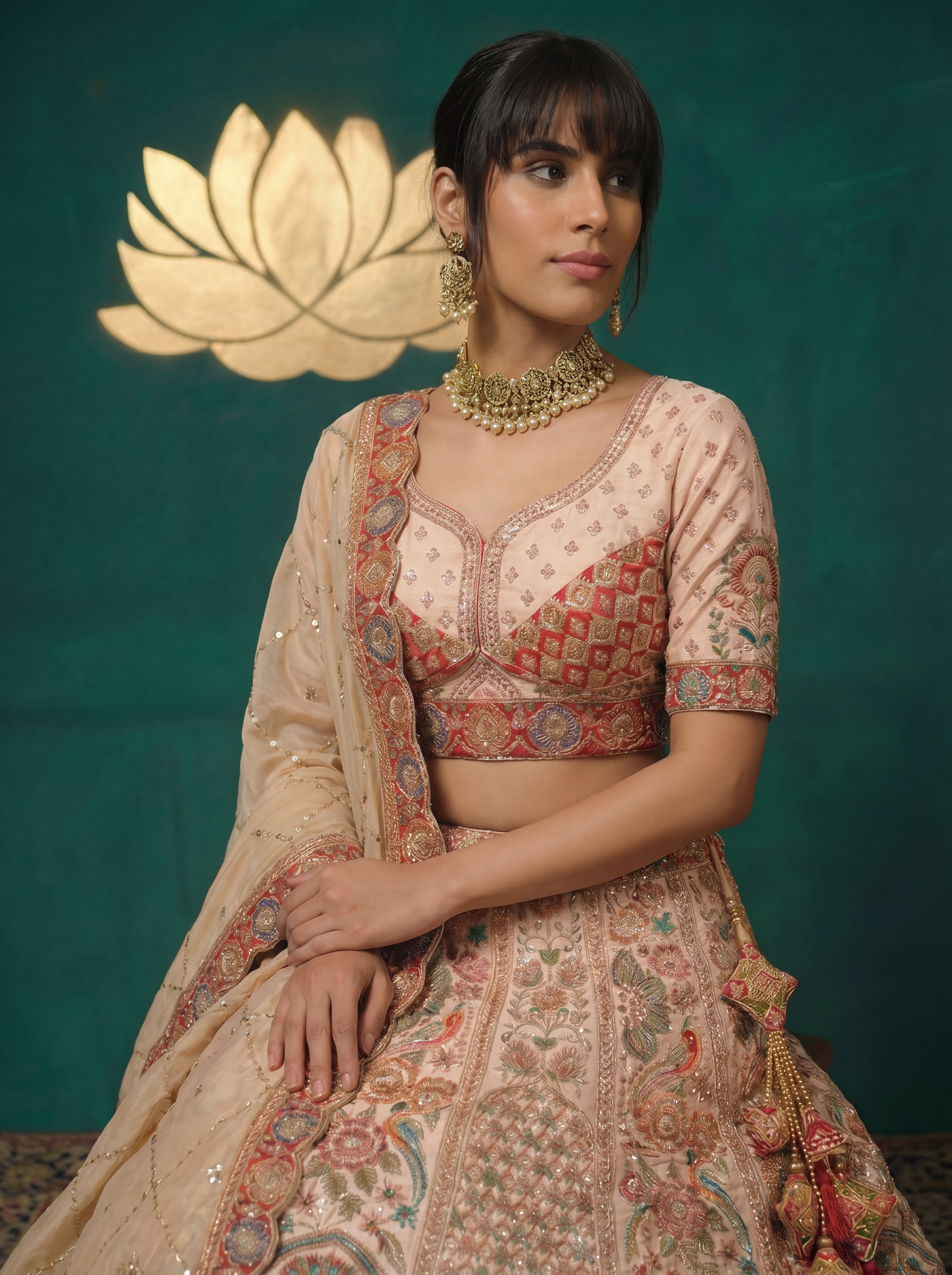 Champagne Beige Viscose Sequins Embroidered Bridal Lehenga Set