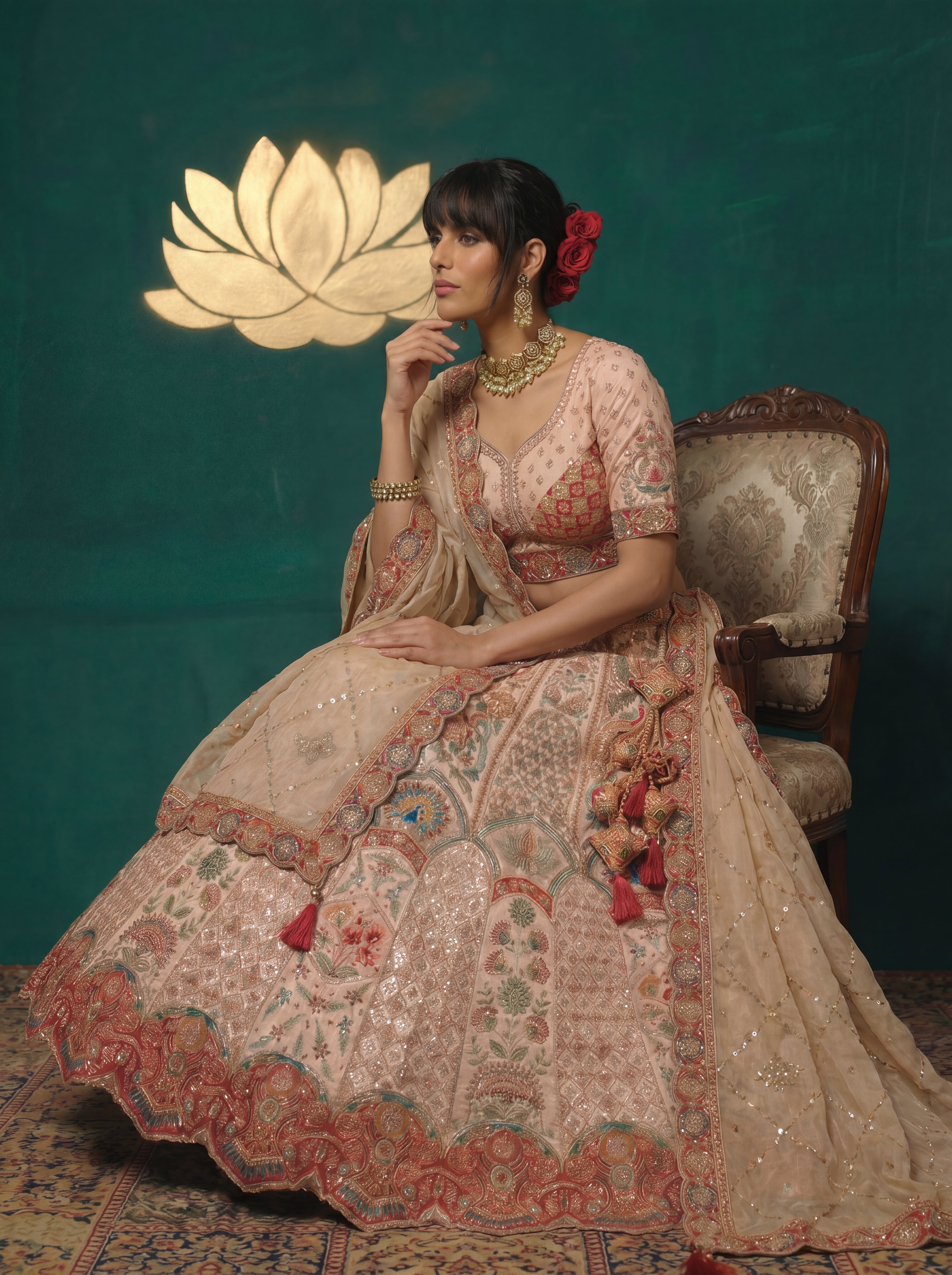 Champagne Beige Viscose Sequins Embroidered Bridal Lehenga Set