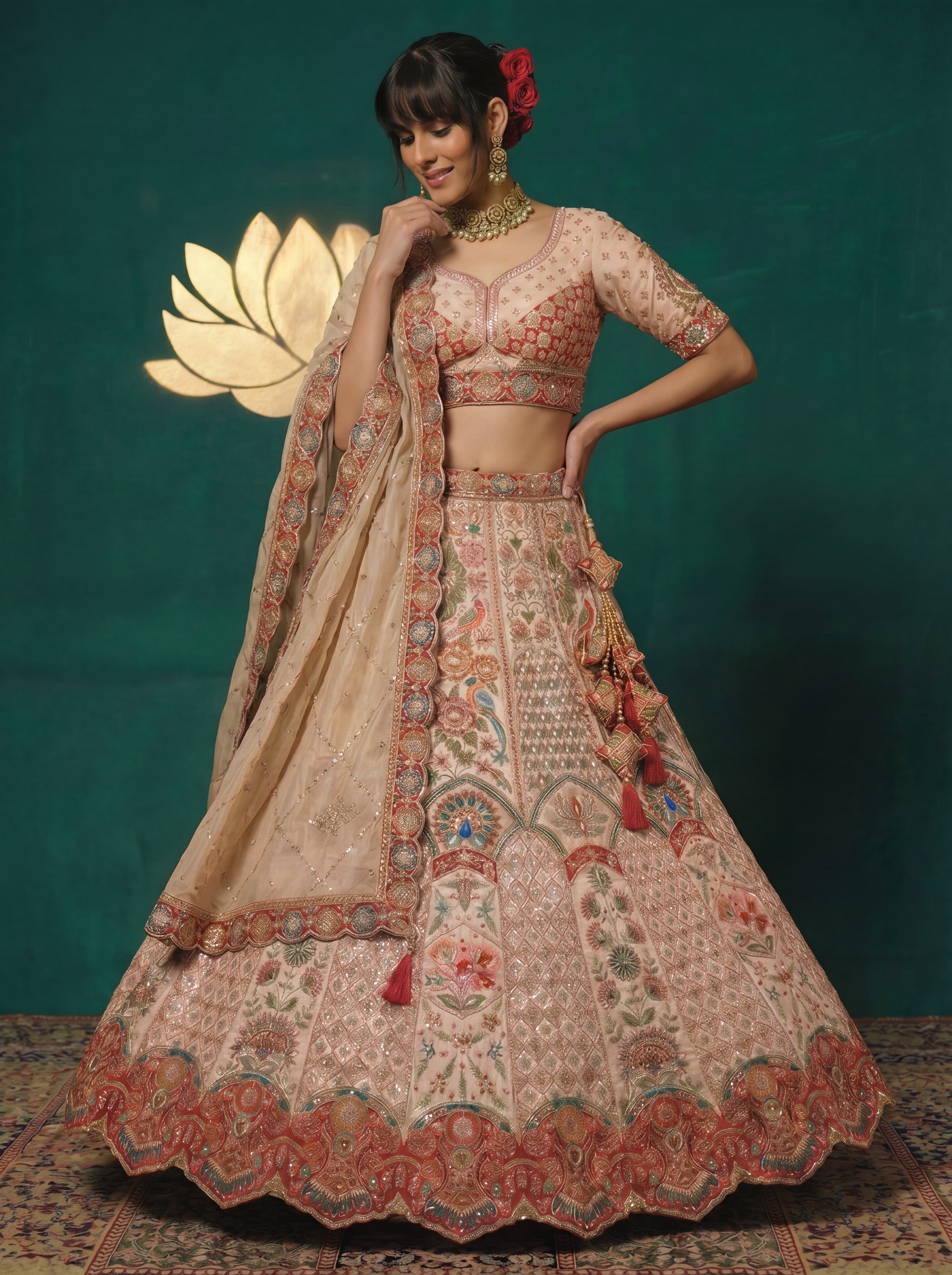 Champagne Beige Viscose Sequins Embroidered Bridal Lehenga Set