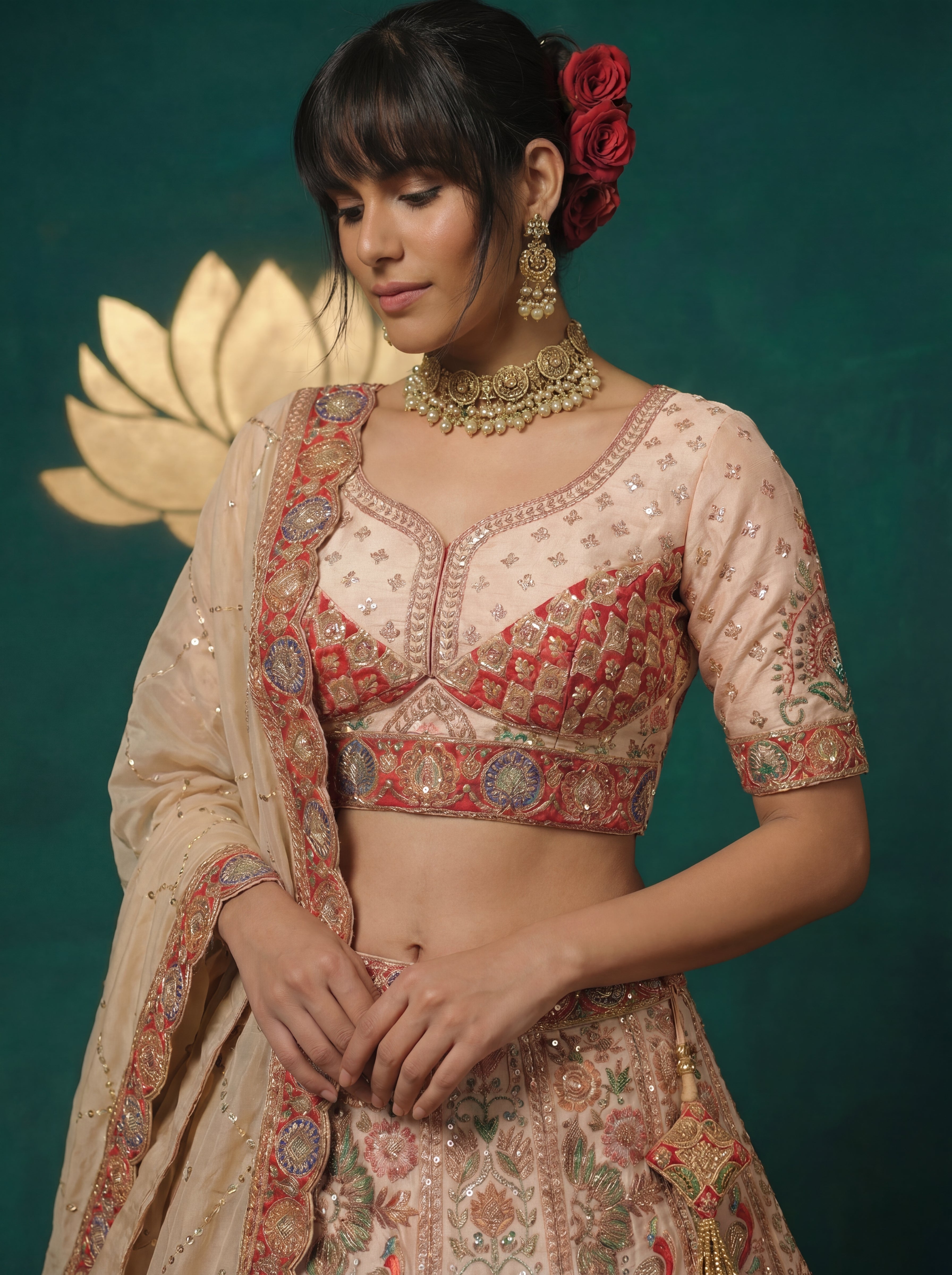 Champagne Beige Viscose Sequins Embroidered Bridal Lehenga Set
