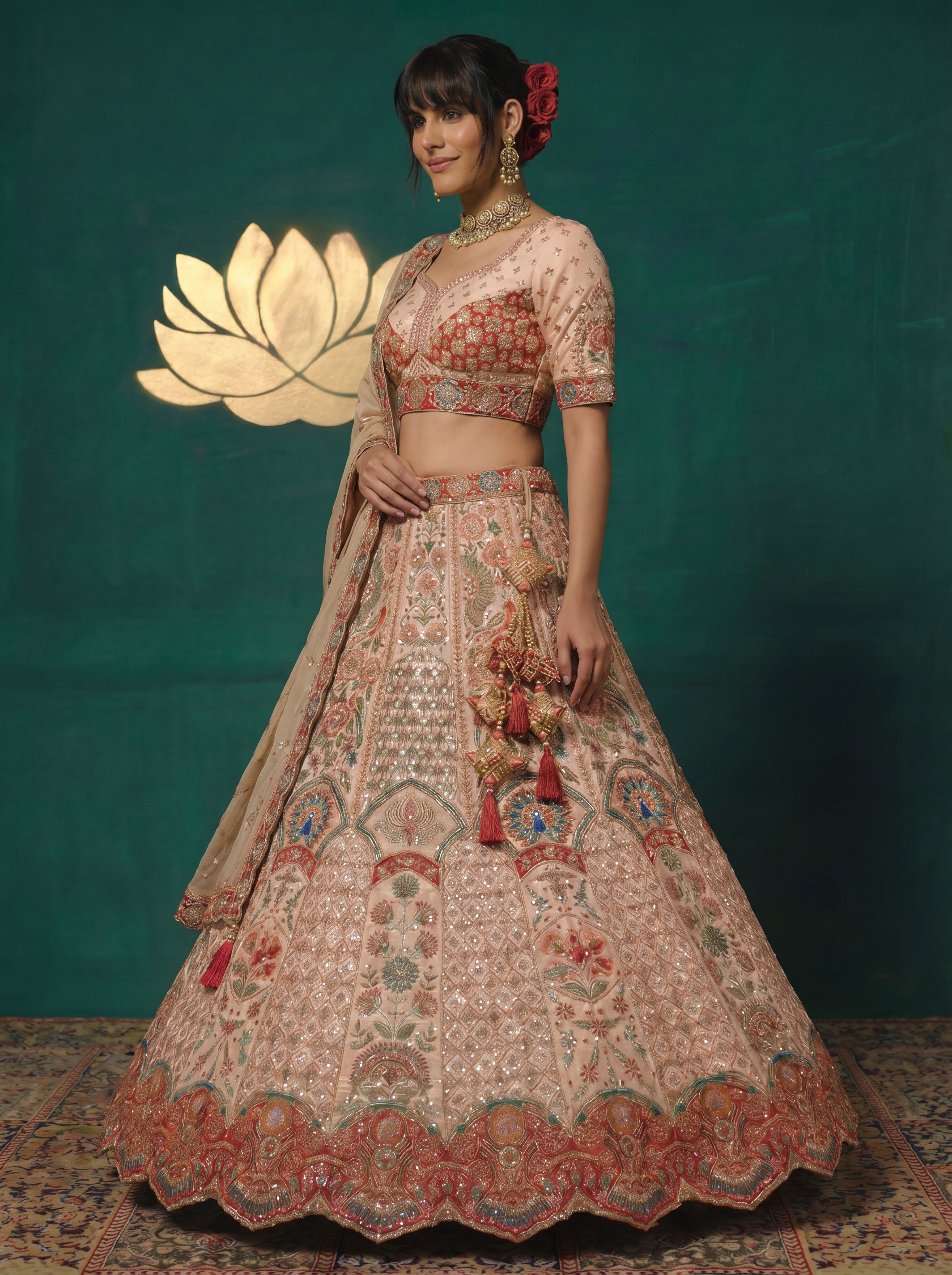Champagne Beige Viscose Sequins Embroidered Bridal Lehenga Set