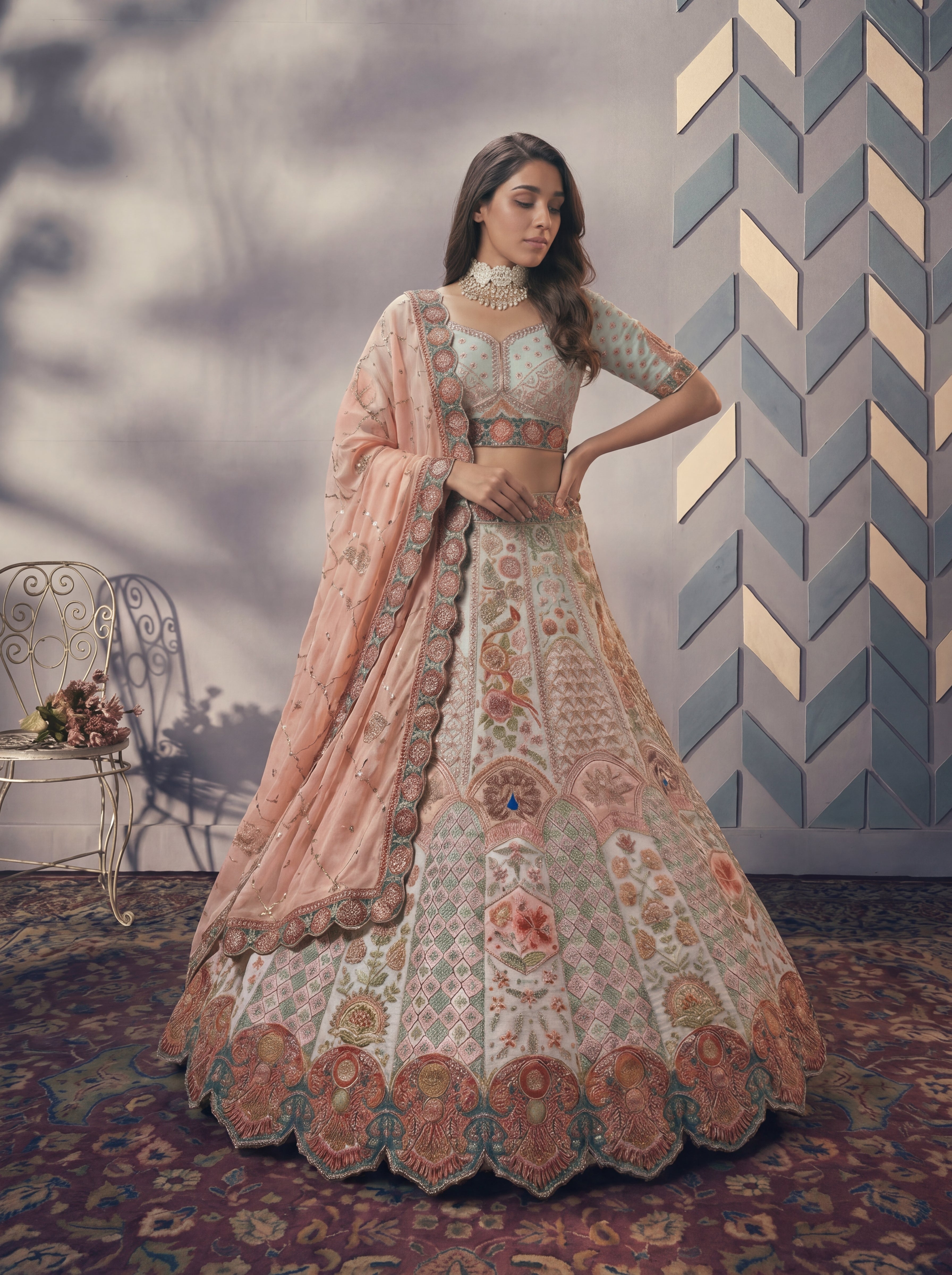 Cream Sky Position Printed Cording Sequins Worked Wedding Lehenga Choli