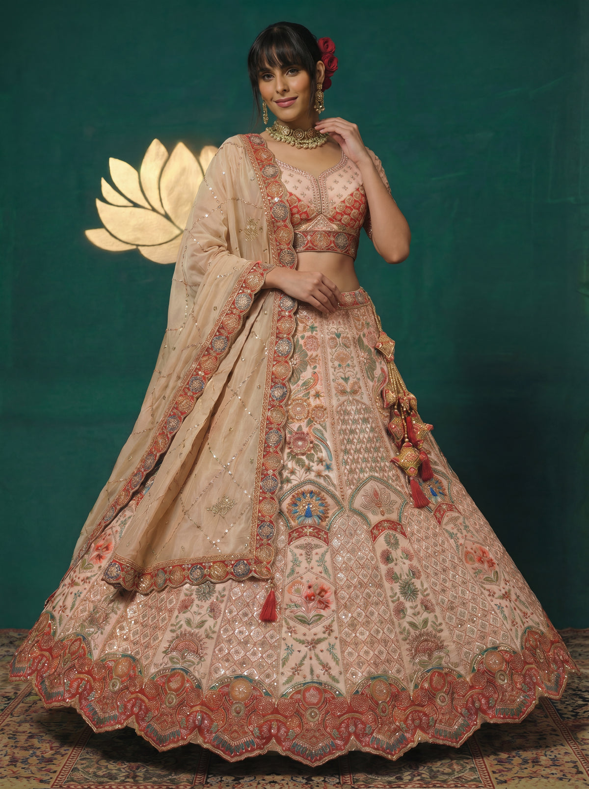 Champagne Beige Viscose Sequins Embroidered Bridal Lehenga Set