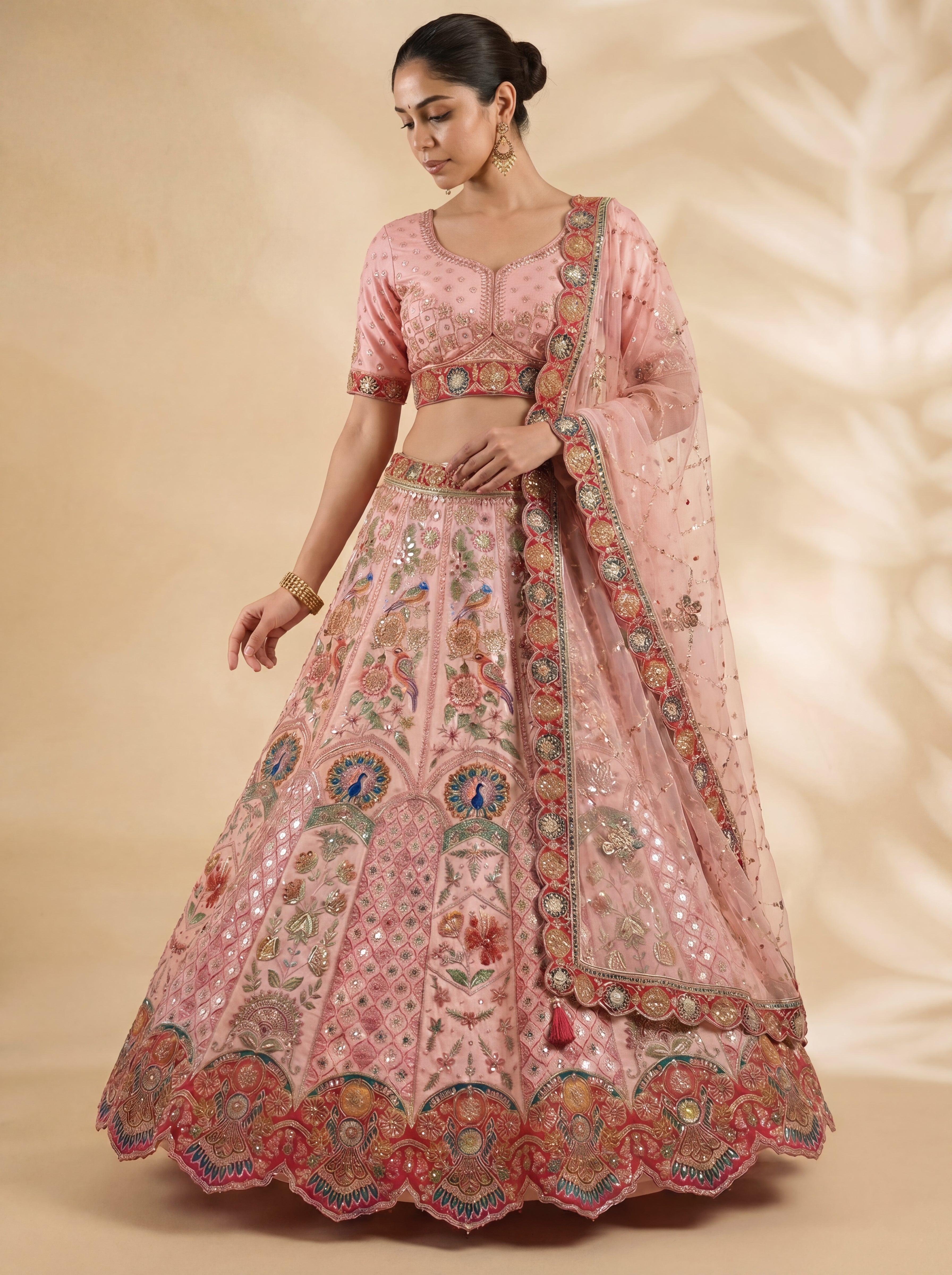 Dusty Rose Viscose Sequins Embroidered Wedding Lehenga Choli Set