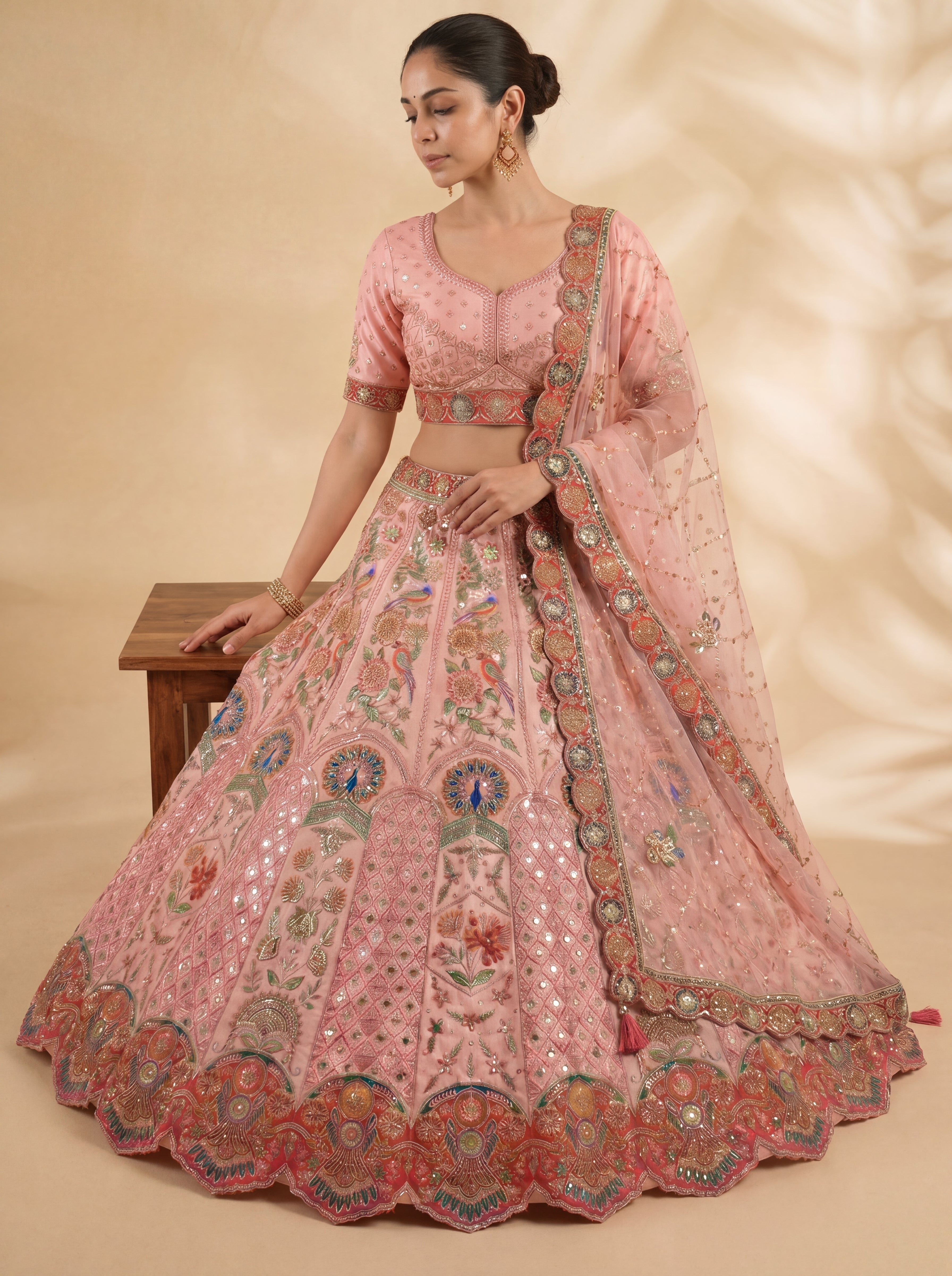 Dusty Rose Viscose Sequins Embroidered Wedding Lehenga Choli Set