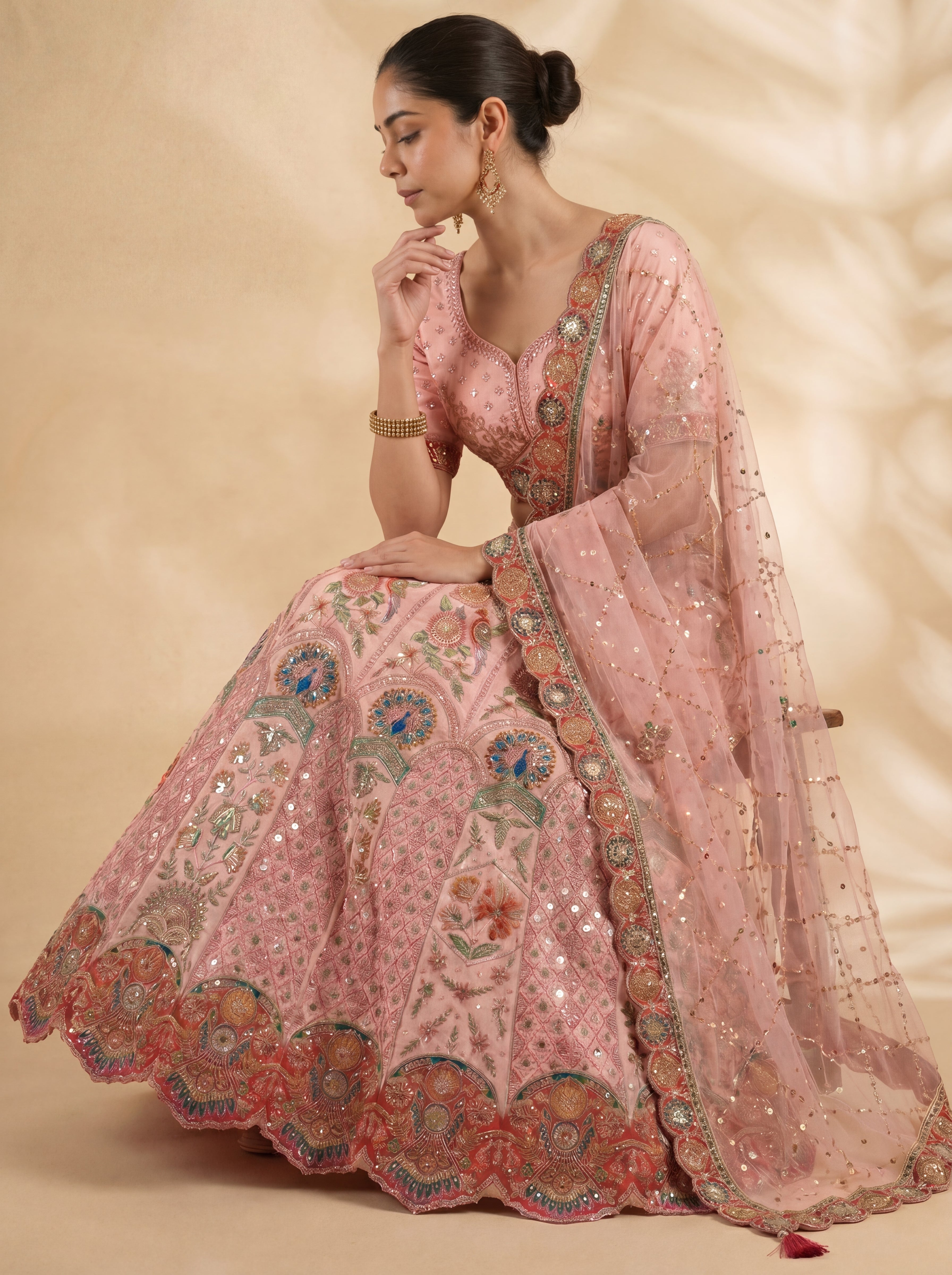 Dusty Rose Viscose Sequins Embroidered Wedding Lehenga Choli Set