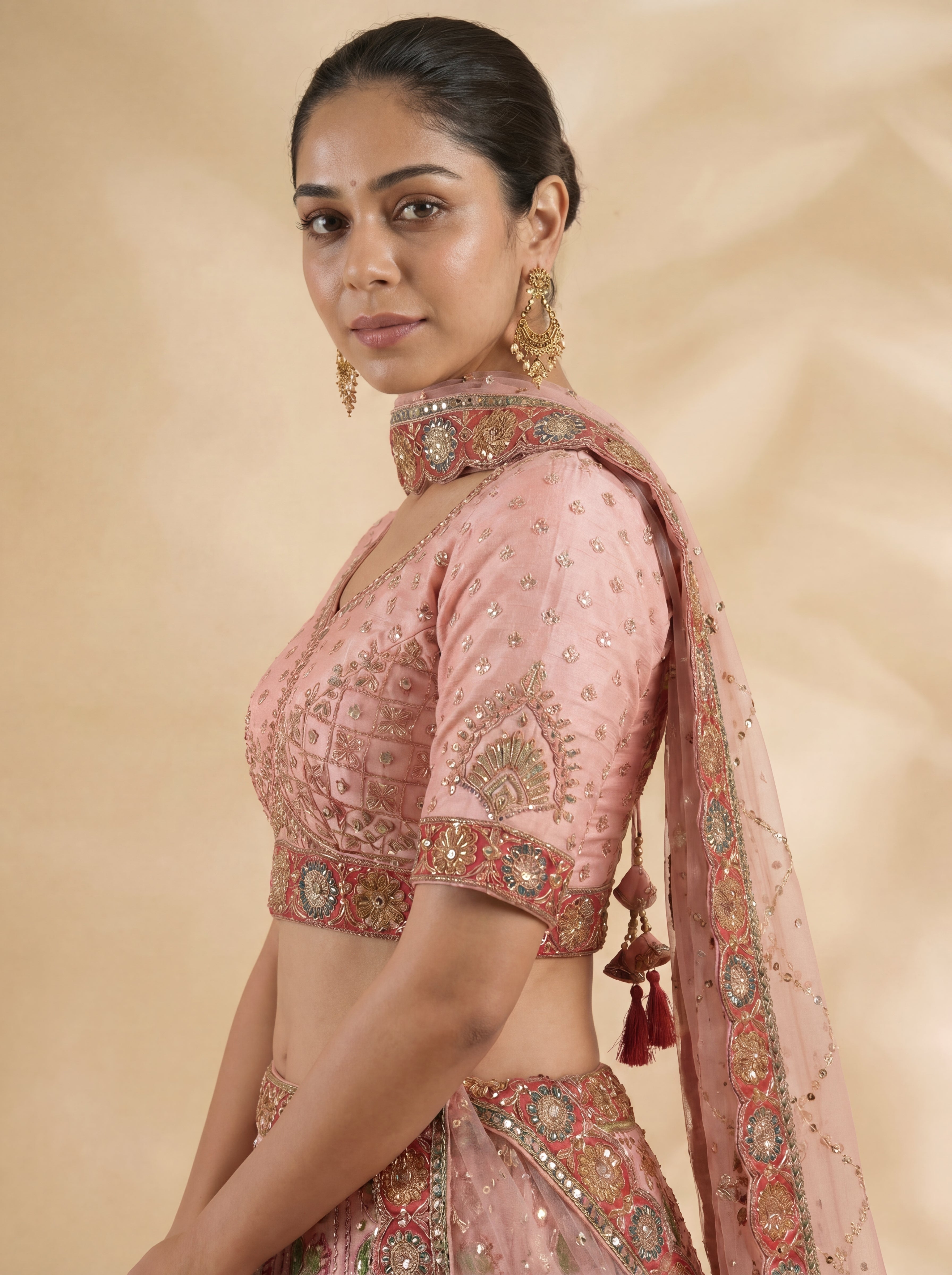 Dusty Rose Viscose Sequins Embroidered Wedding Lehenga Choli Set