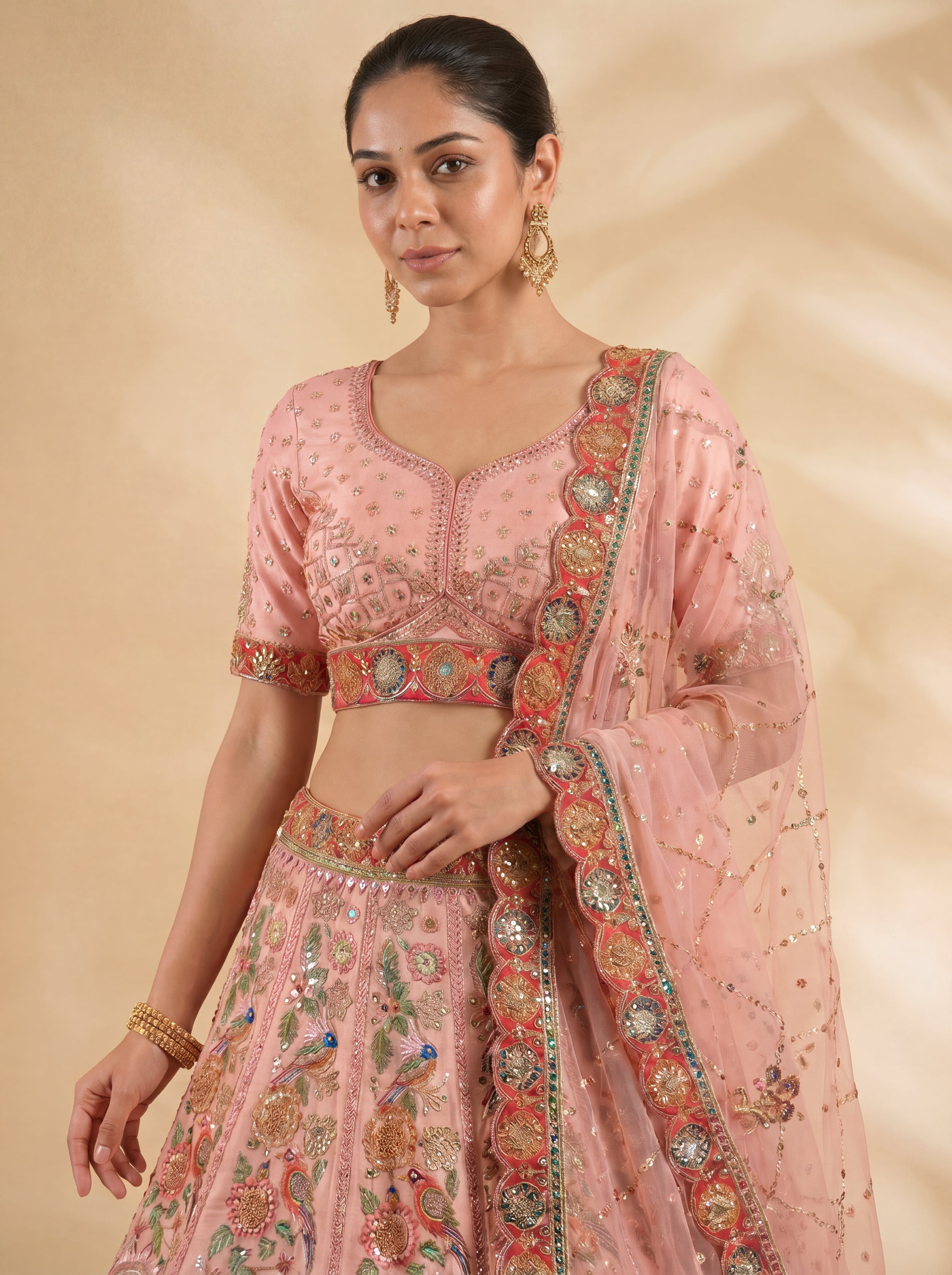 Dusty Rose Viscose Sequins Embroidered Wedding Lehenga Choli Set