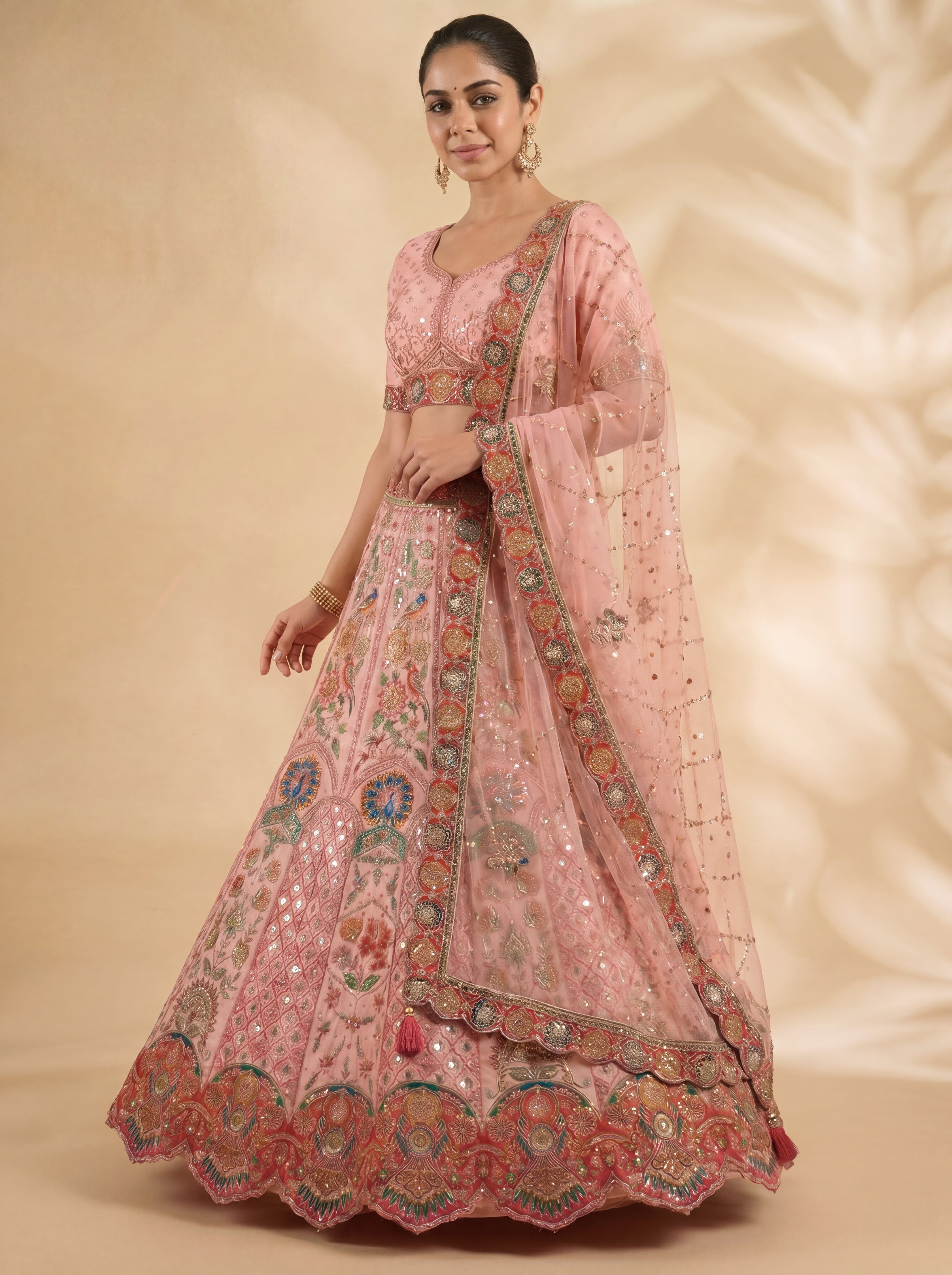 Dusty Rose Viscose Sequins Embroidered Wedding Lehenga Choli Set
