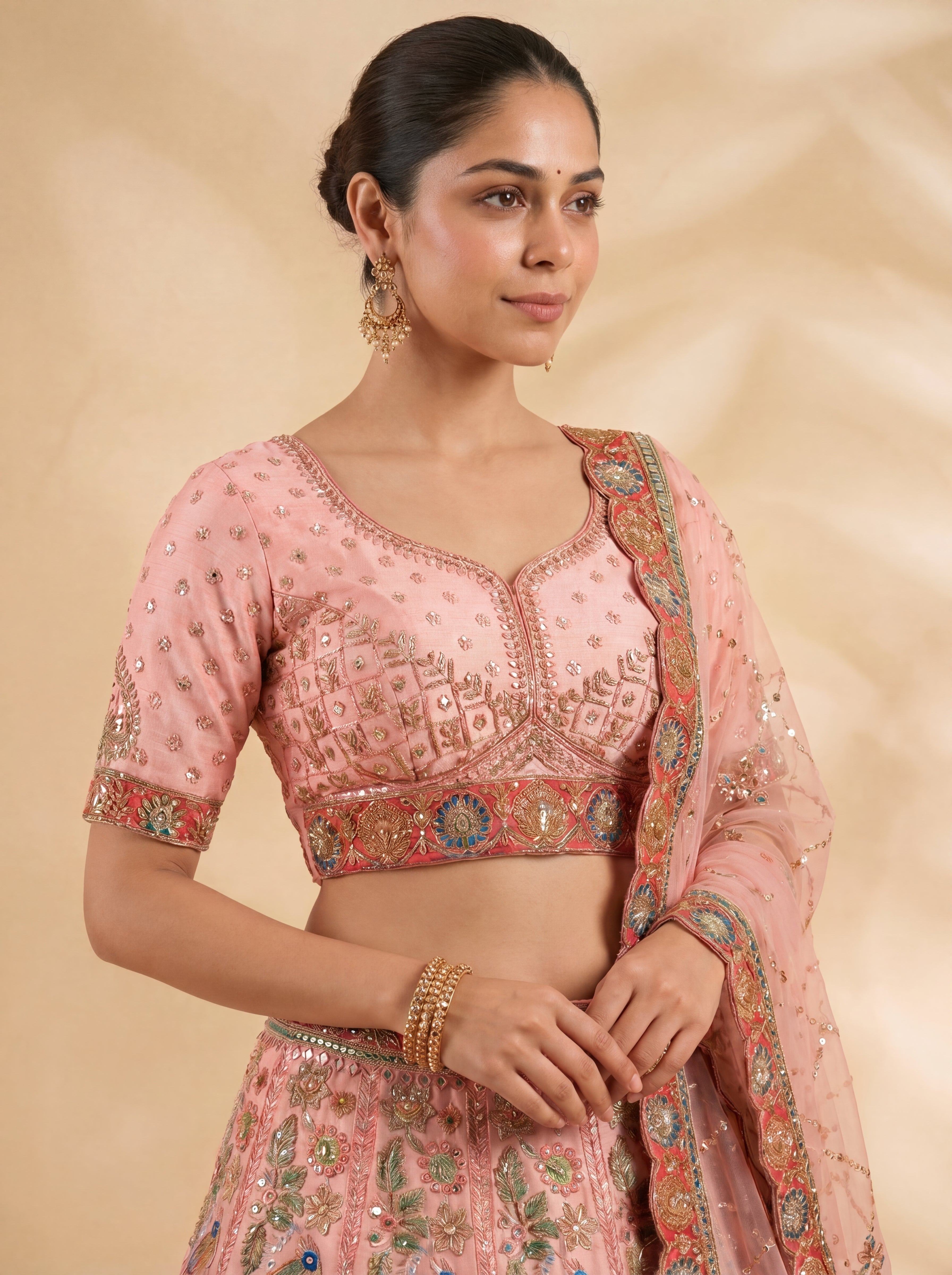Dusty Rose Viscose Sequins Embroidered Wedding Lehenga Choli Set