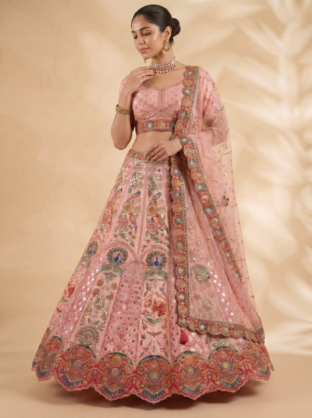 Dusty Rose Viscose Sequins Embroidered Wedding Lehenga Choli Set