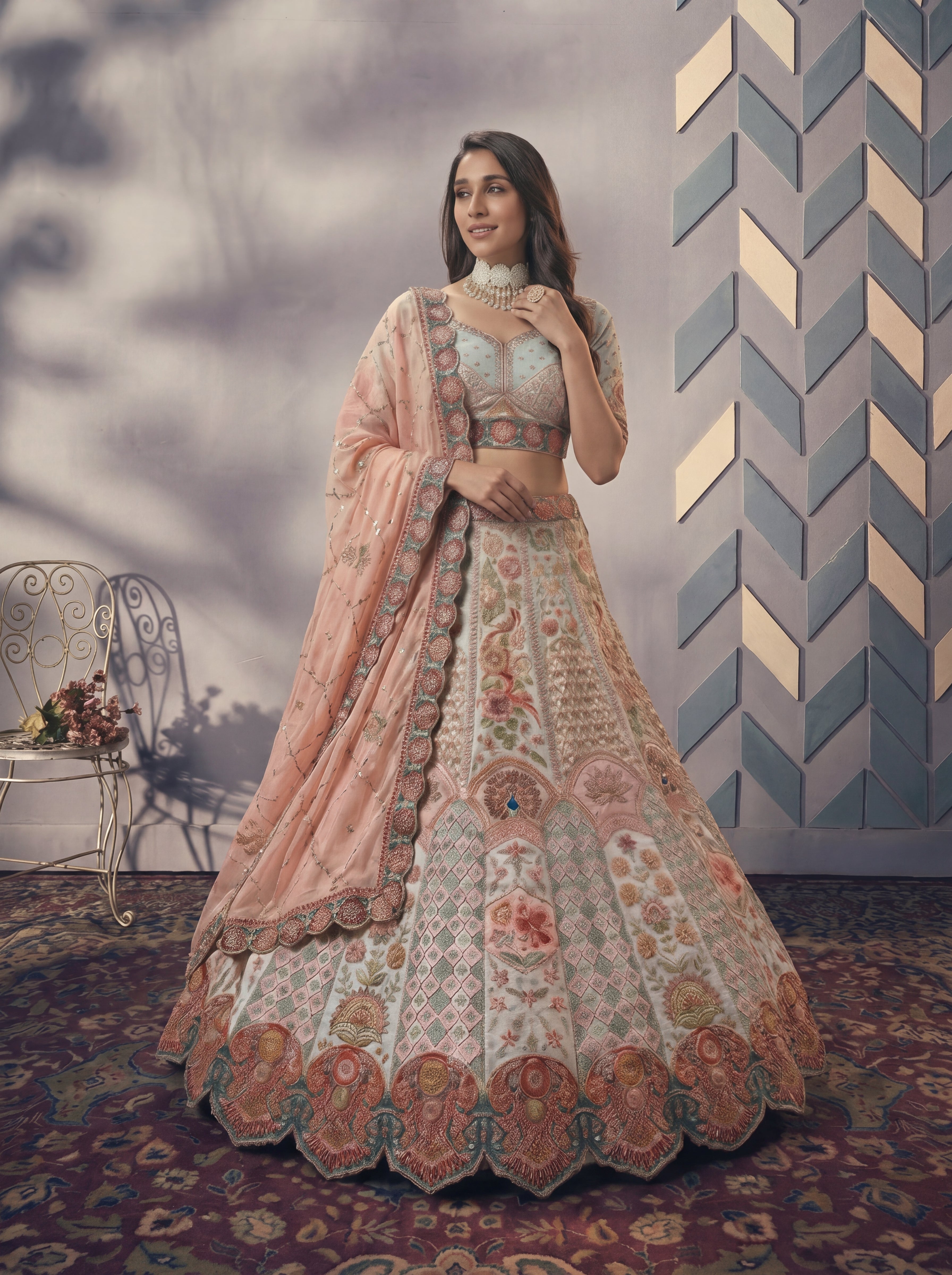 Cream Sky Position Printed Cording Sequins Worked Wedding Lehenga Choli