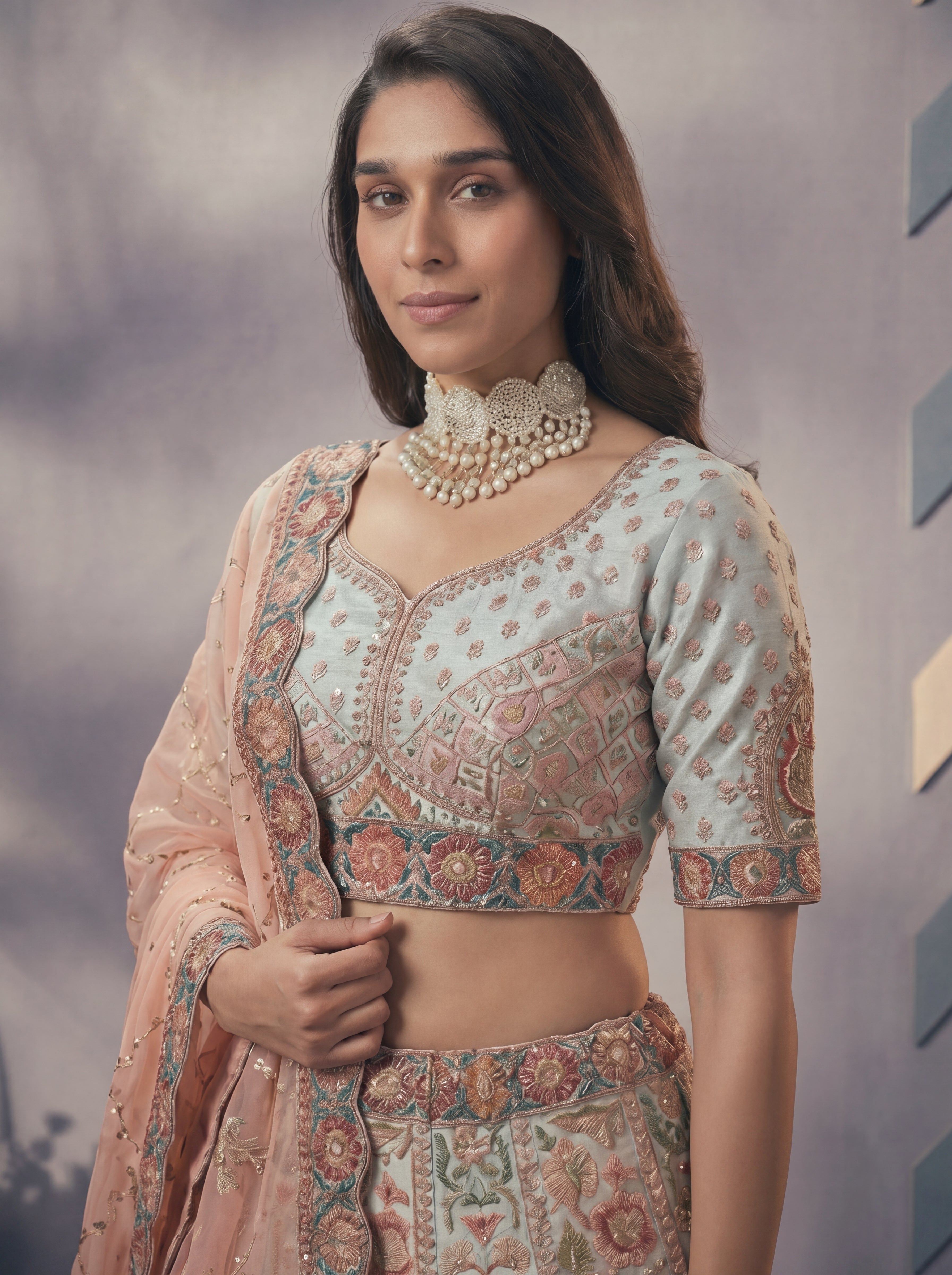 Cream Sky Position Printed Cording Sequins Worked Wedding Lehenga Choli