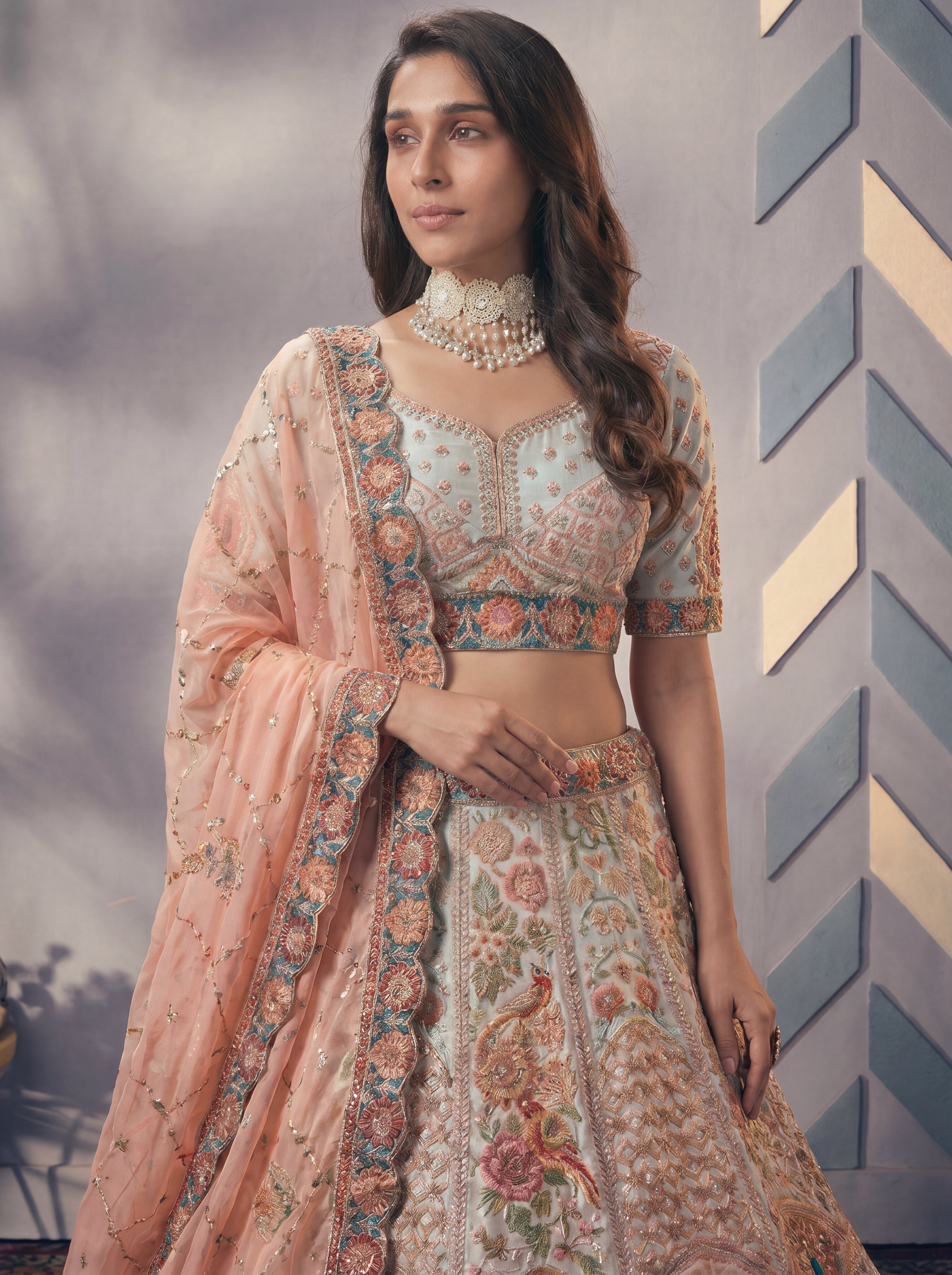 Cream Sky Position Printed Cording Sequins Worked Wedding Lehenga Choli