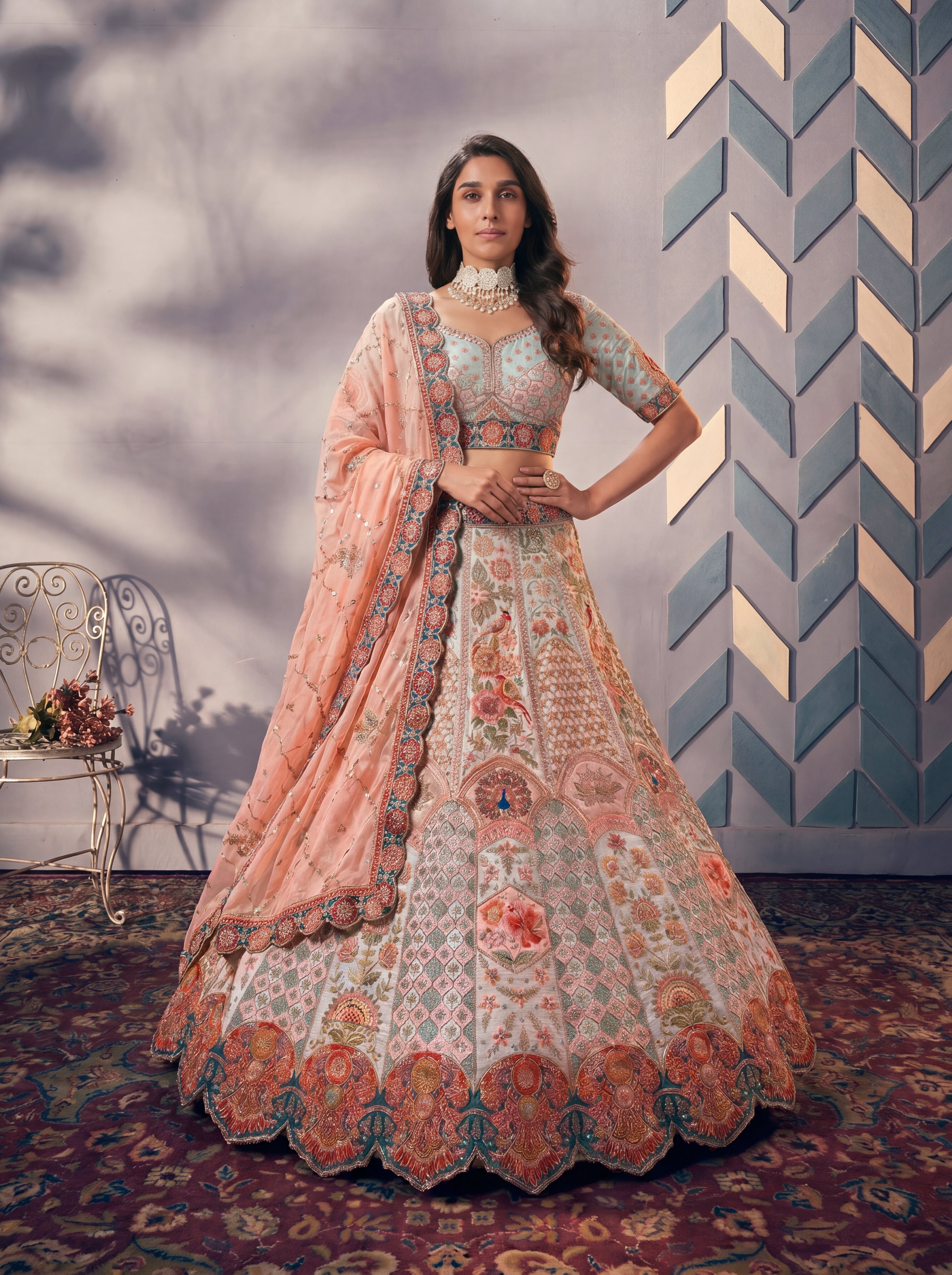 Cream Sky Position Printed Cording Sequins Worked Wedding Lehenga Choli