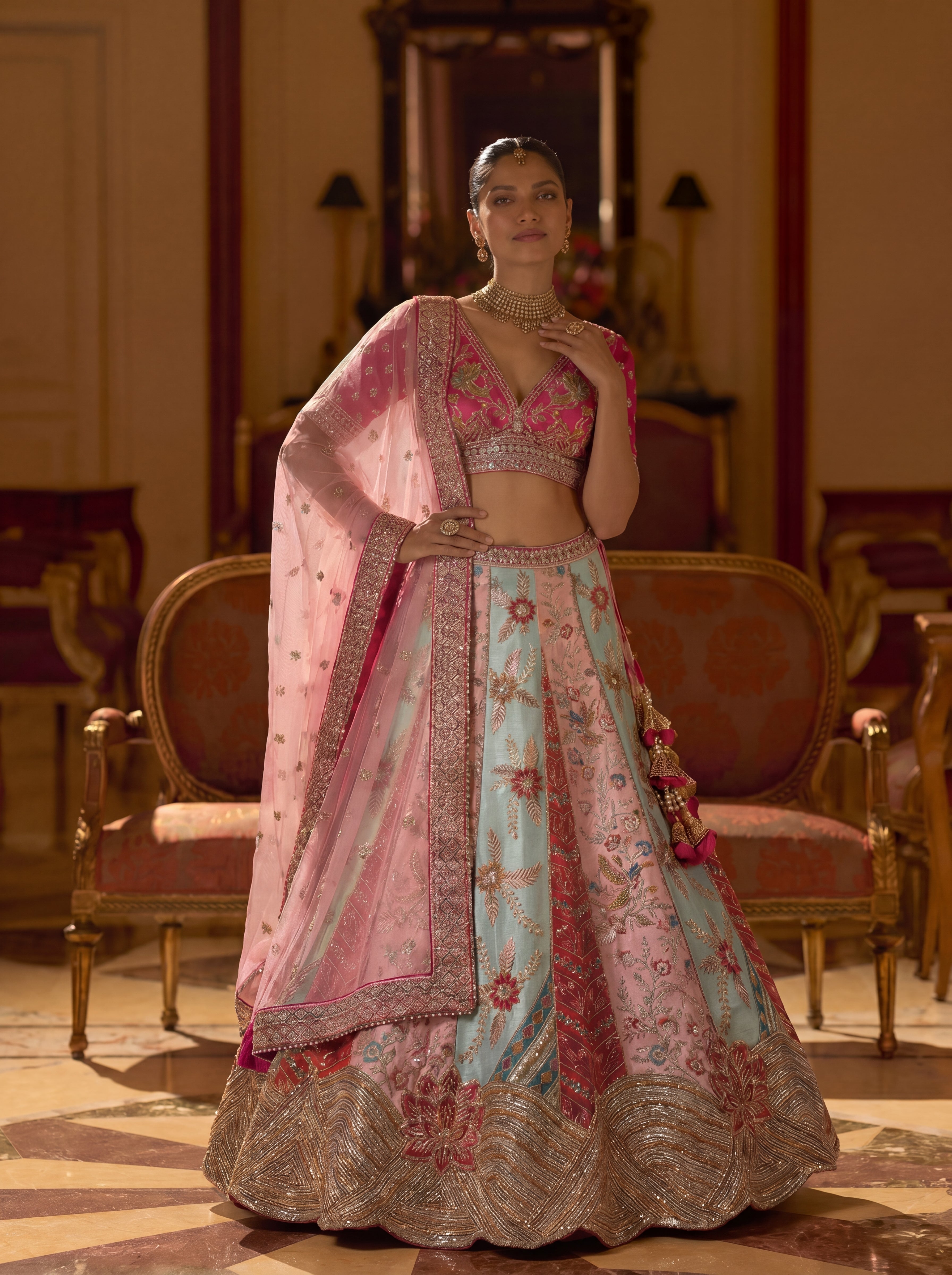 Fuschia Pink Silk Mirror Sequins Bridal Lehenga Choli Set